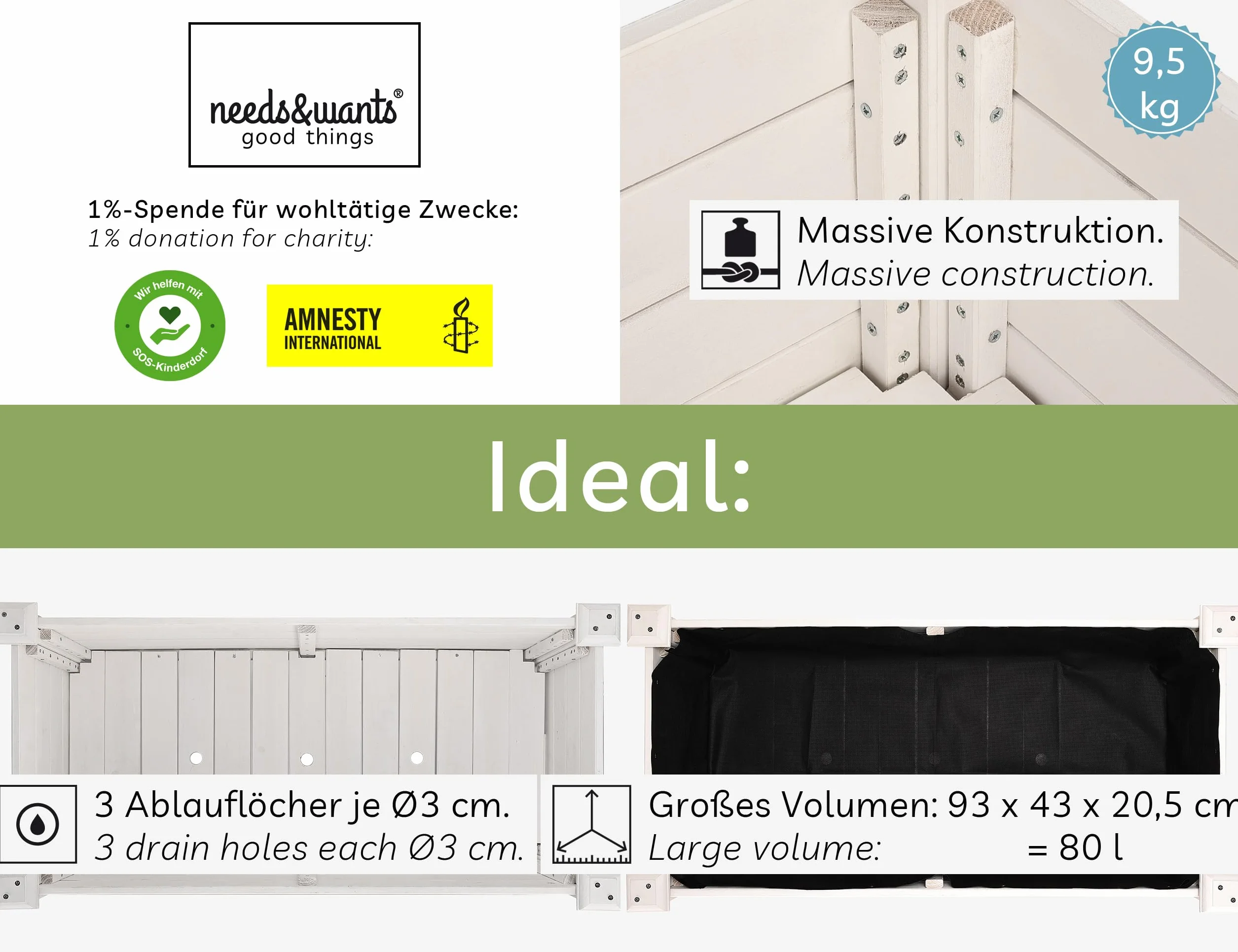 needs&wants® Podwyższona grządka z drewna, do ogrodu, na balkon, taras, skrzynka na rośliny, prostokątna, wąska, z folią z włókniny, grządka na zioła, skrzynka na rośliny, dekoracyjna, biała