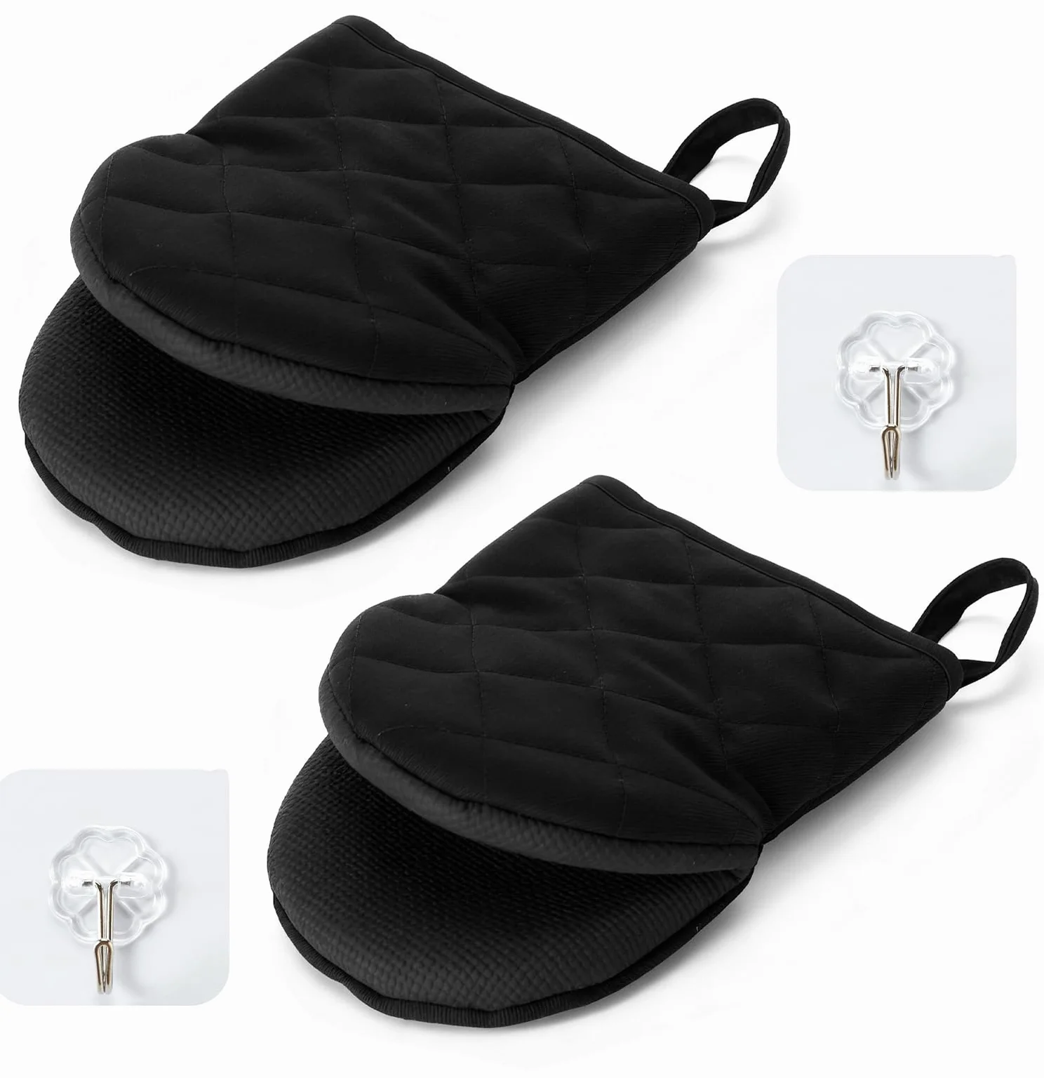 Zestaw 2 szt. Pot Holder Glove 230°C, silikonowe, w zestawie 2 haczyki ścienne do kuchni, łapki do garnków, krótki fason, z antypoślizgową powierzchnią i oczkiem do zawieszania – rękawice