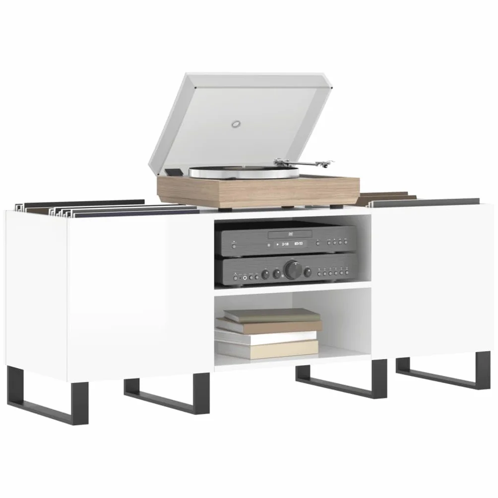 Generic Szafka na Płyty Winylowe i Stojak na Gramofon do Salonu Stół z Odtwarzaczem Muzyki Przemysłowej z żelaznymi Nóżkami i Półkami 121 X 38 X 48 Cm Dąb Wędzony (Biały o wysokim połysku)