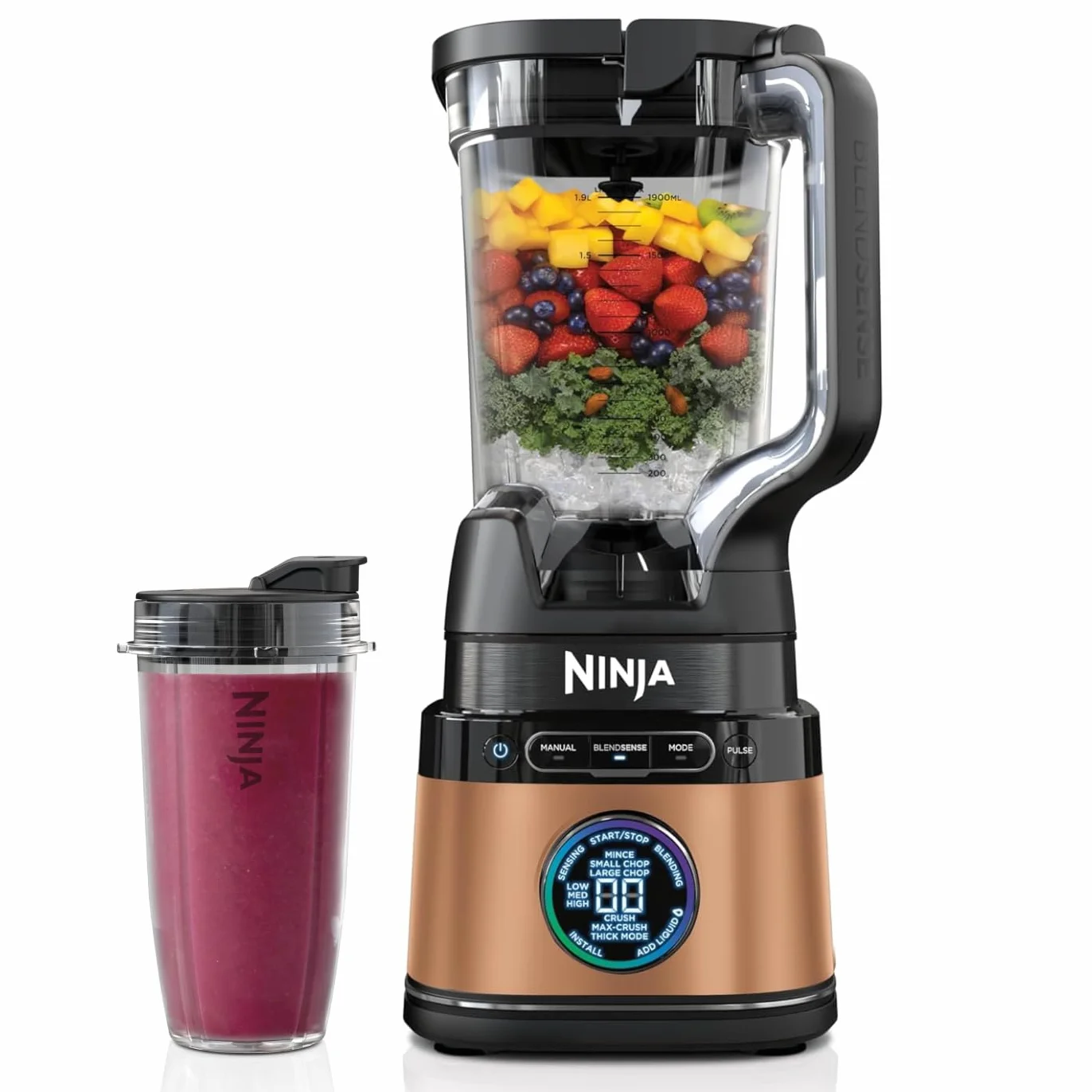 Ninja 2-in-1 Detect Power Blender Pro & Single Serve, 1200 W, dzbanek 2 l (maks.900 ml), 1 kubek 680 ml, smoothie, rozdrabnianie warzyw i miksowanie mrożonych napojów, Czarny- miedziany, TB301EUCP