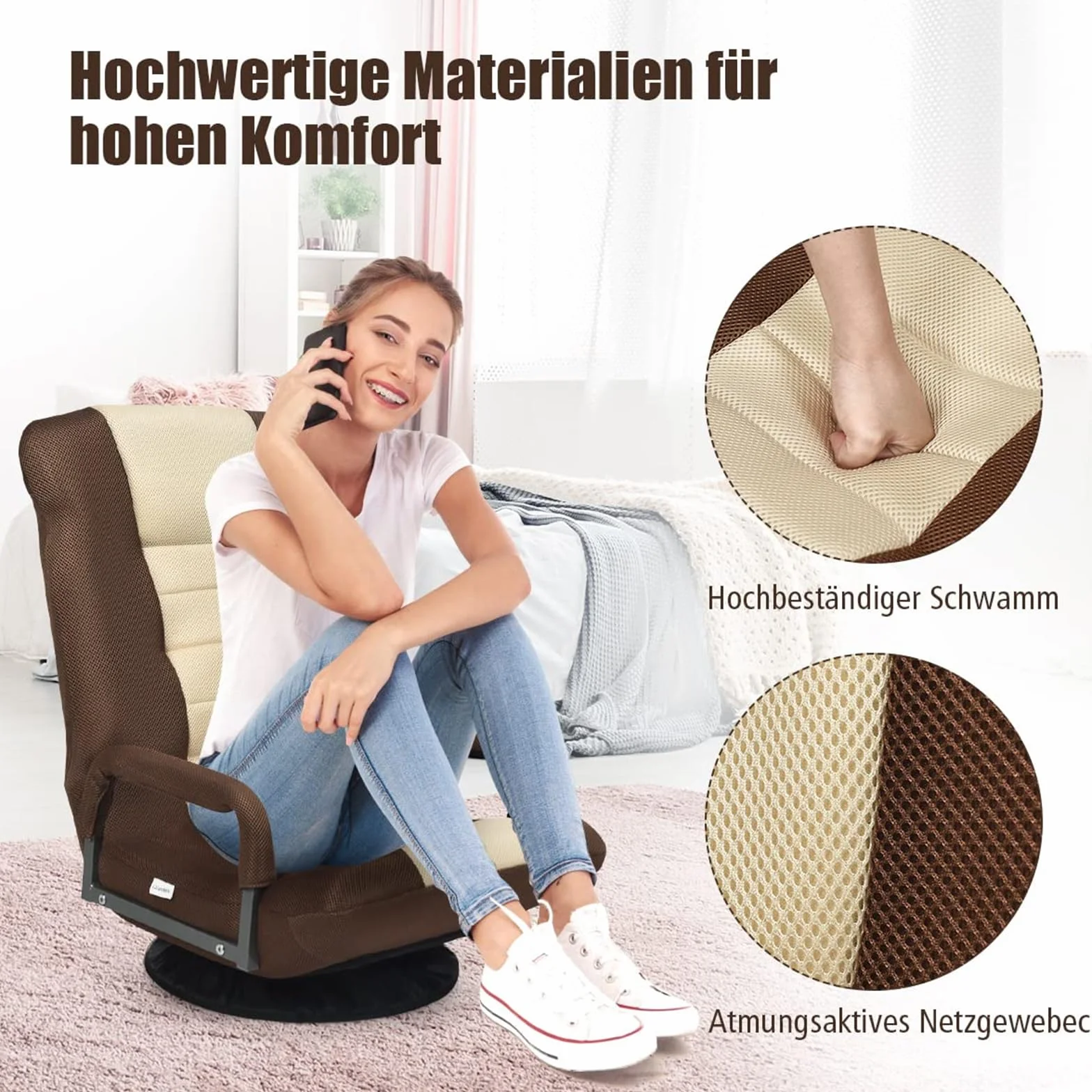COSTWAY Krzesło podłogowe obracane o 360°, fotel podłogowy z 6-stopniową regulacją oparcia, tapicerowany fotel gamingowy, sofa podłogowa, krzesło do medytacji, nośność do 140 kg, Lazy Sofa (brązowe)