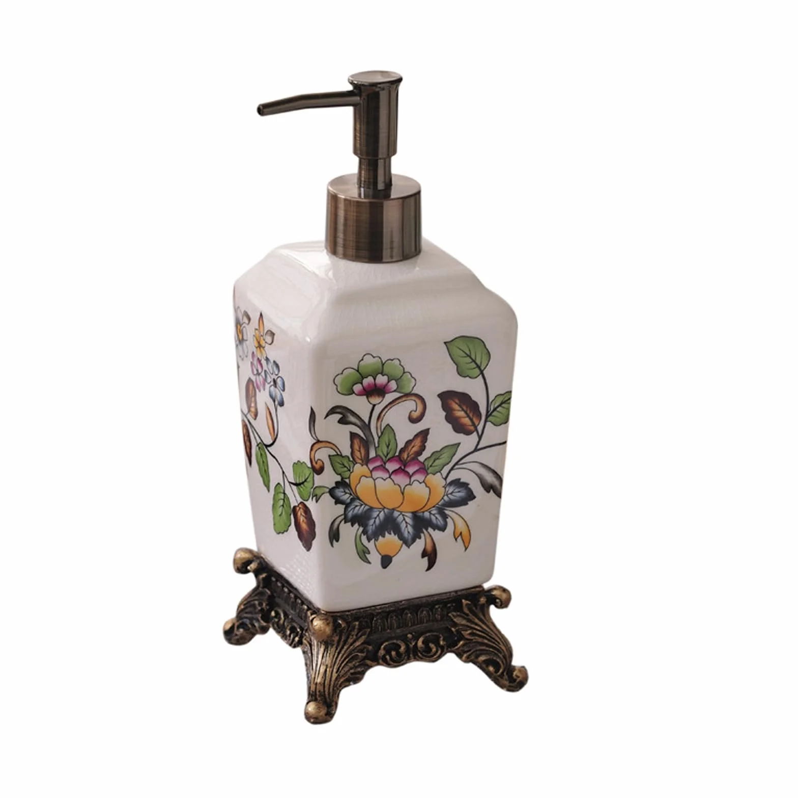 Ceramiczny dozownik balsamu, dozownik odżywki do szamponu, mydło do mycia ciała, spersonalizowane butelki z dozownikiem, do blatu łazienkowego (biały kwiatowy)