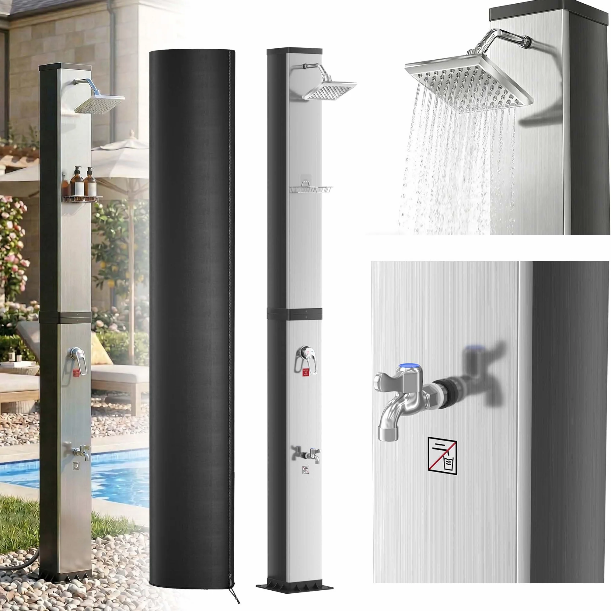 XMTECH Prysznic solarny 40 l, prysznic ogrodowy, do 60°C, srebrno-czarny, prysznic zewnętrzny z deszczownicą 360°, słuchawka prysznicowa, prysznic dla stóp, bez prądu, do ogrodu, basenu, na kemping, w