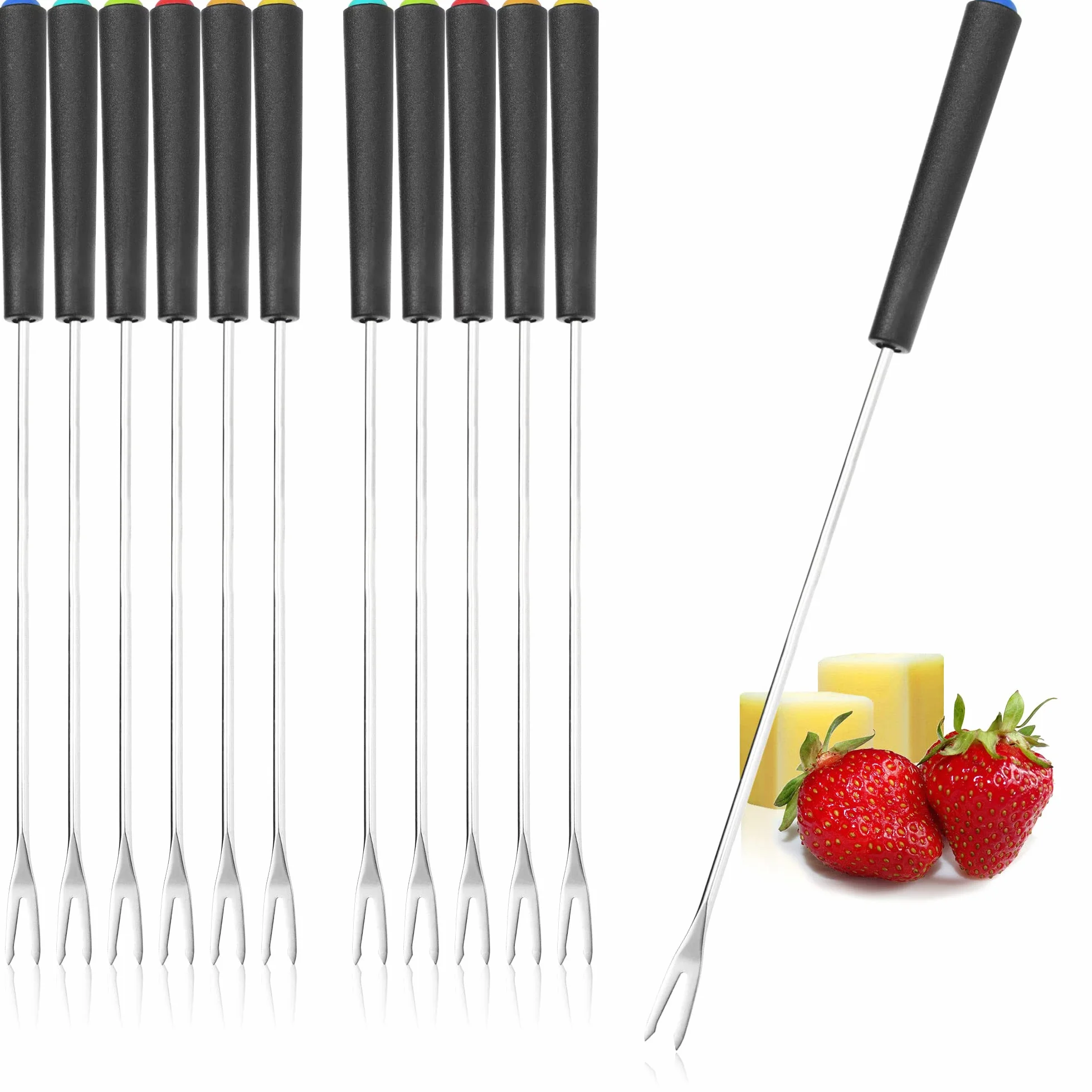 COM-FOUR® 12x Widelce do fondue ze stali nierdzewnej - 6 kolorów sztućce do fondue - metalowe szaszłyki do fondue z tworzywa sztucznego (12 sztuk - plastikowy uchwyt)