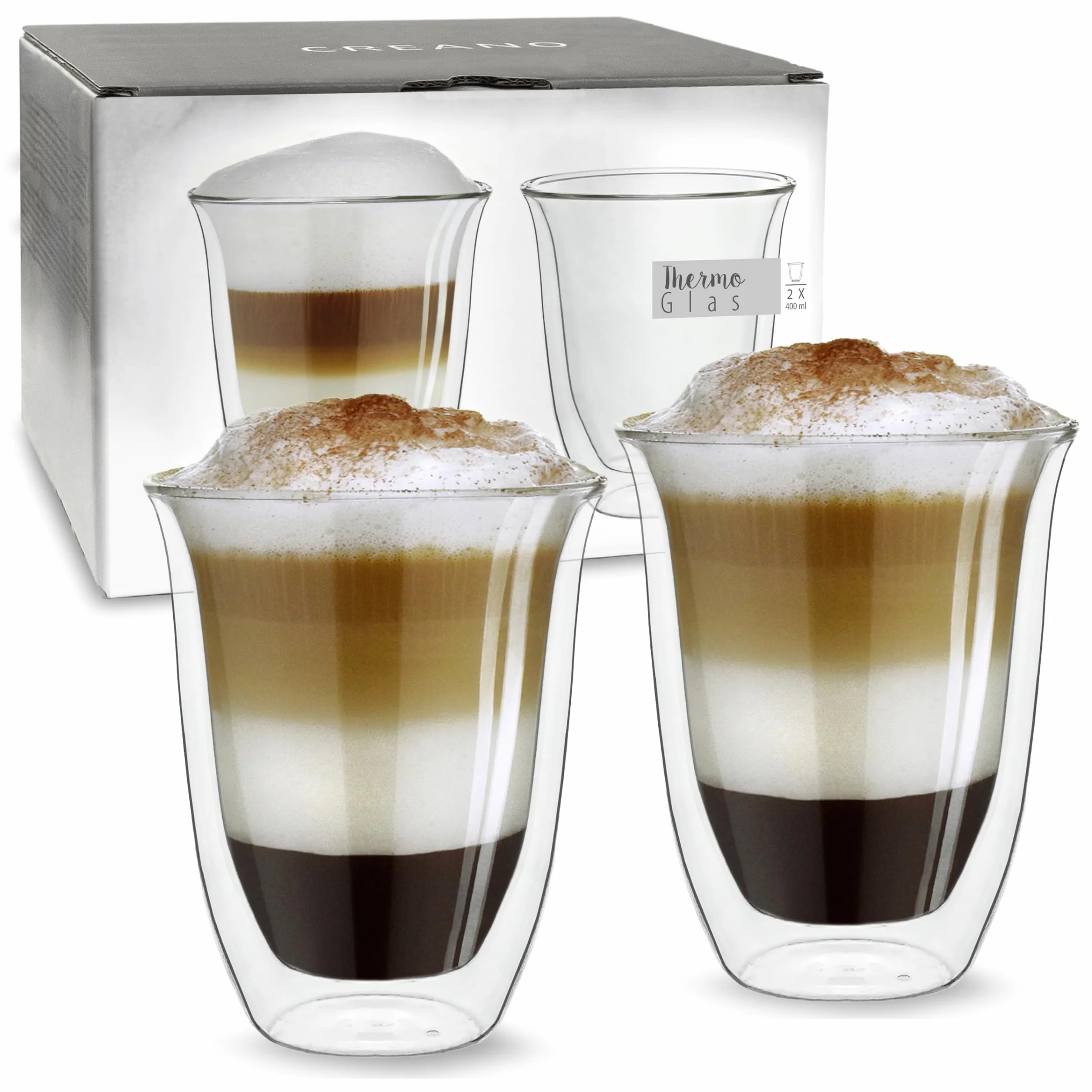 Creano Szklanki do kawy o podwójnych ściankach 400 ml - izolowane kubki do latte macchiato - cappuccino, herbata - ręcznie robione żaroodporne kubki XXL - 2 szt. (1 opakowanie)