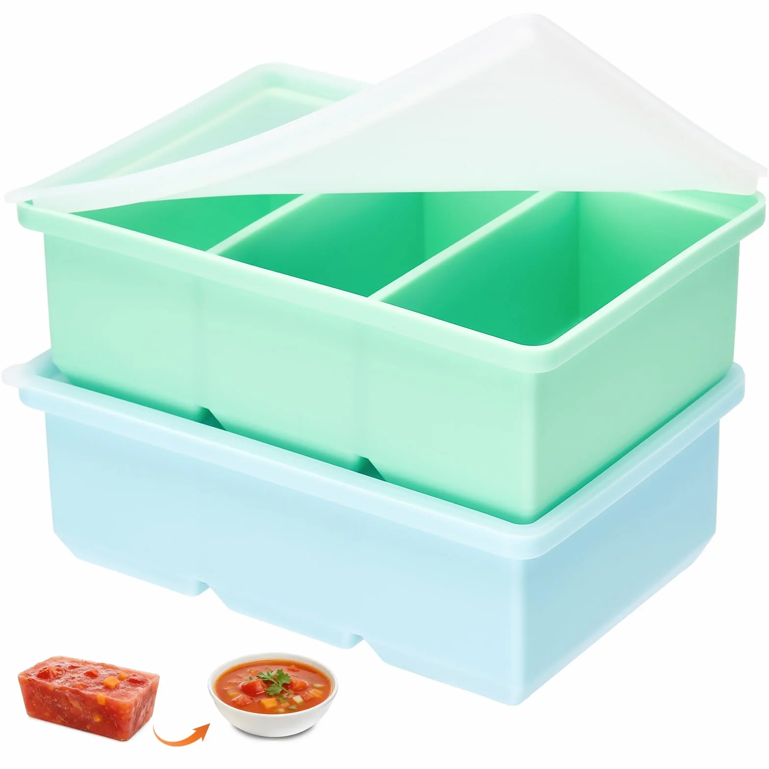 Souper Cubes zestaw 2 pojemników do zamrażania zupy, silikonowych, z pokrywką, nie zawiera BPA, do zamrażarki, do zupy, zamrażarki, kostek lodu (niebieski + zielony, 220 ml)