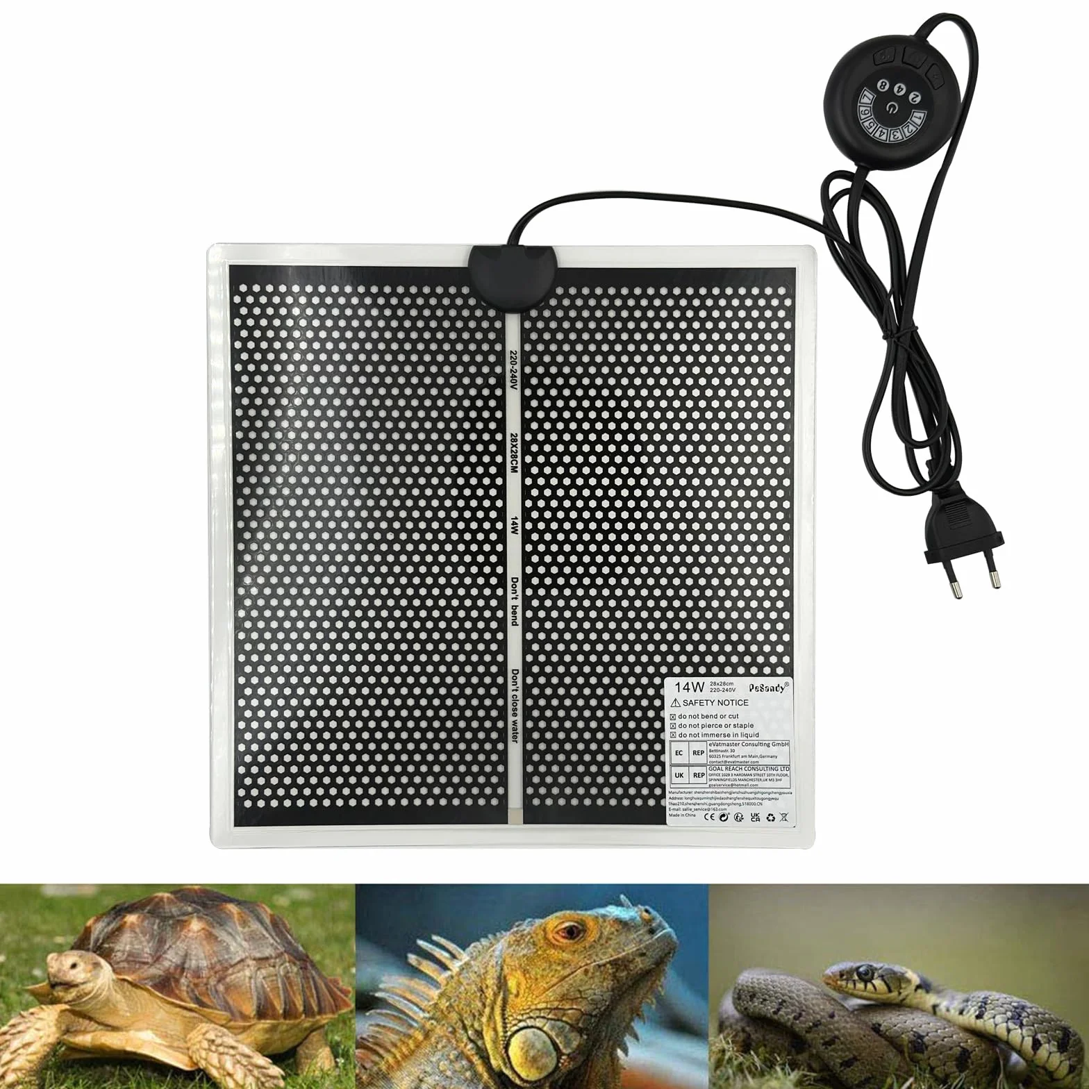 Mata grzewcza do terrarium, poduszka grzewcza dla gadów z 7 przyciskami do regulacji temperatury dla gadów, żółwi, węży, jaszczurek, gekonów, żab, raków pustelników, 28x28CM poduszka grzewcza