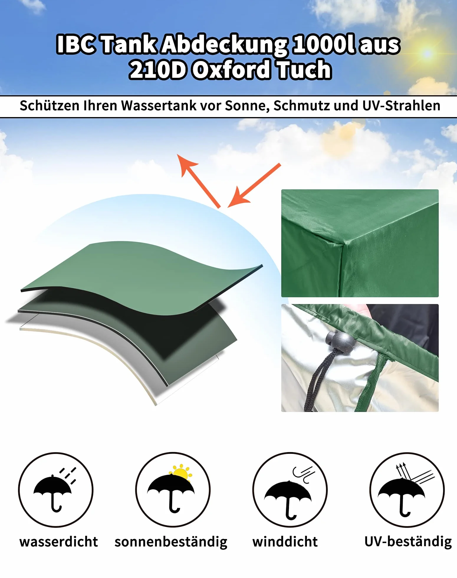Osłona zbiornika IBC na wodę, plandeka na zbiornik na wodę o pojemności 1000 l, wodoszczelna, ochrona przed promieniowaniem UV, pokrowiec ochronny, 116 x 100 x 120 cm