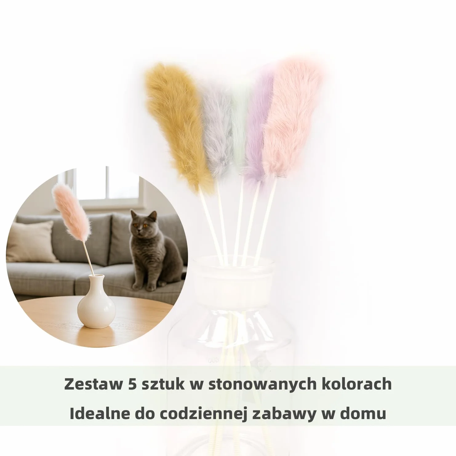 Zestaw 5 Wędek dla Kota z Naturalnym Futrem Królika – Ciche Zabawki Interaktywne dla Kotów Domowych, Kolory Mieszane, Do Samodzielnej Zabawy