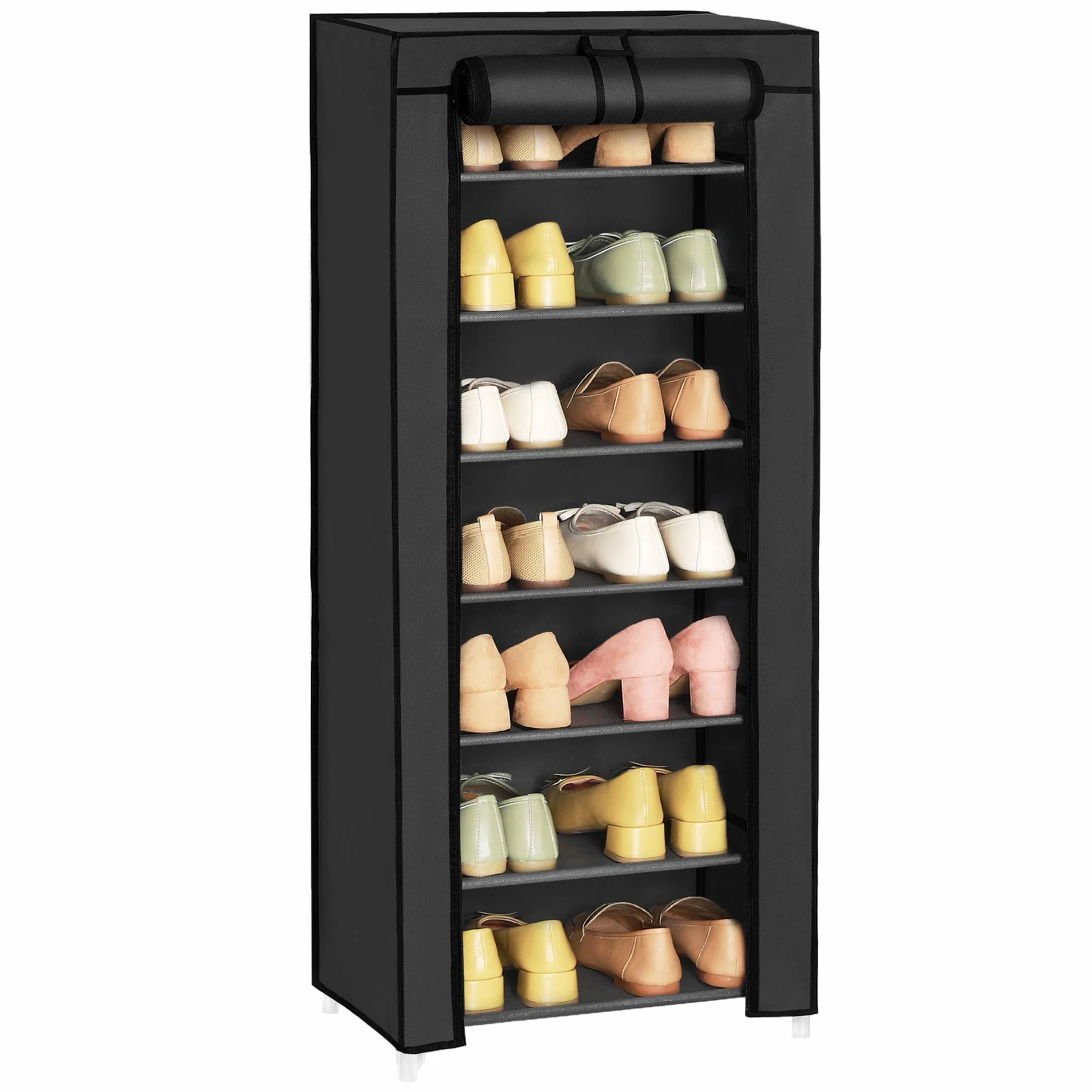 SONGMICS RXJ024B02V1 Regał na buty, szafka na buty, 7 poziomów, z obiciem z materiału, pojemna, szafka z materiału, przechowywanie butów, 46 x 28 x 126 cm (dł. x szer. x wys.), czarny