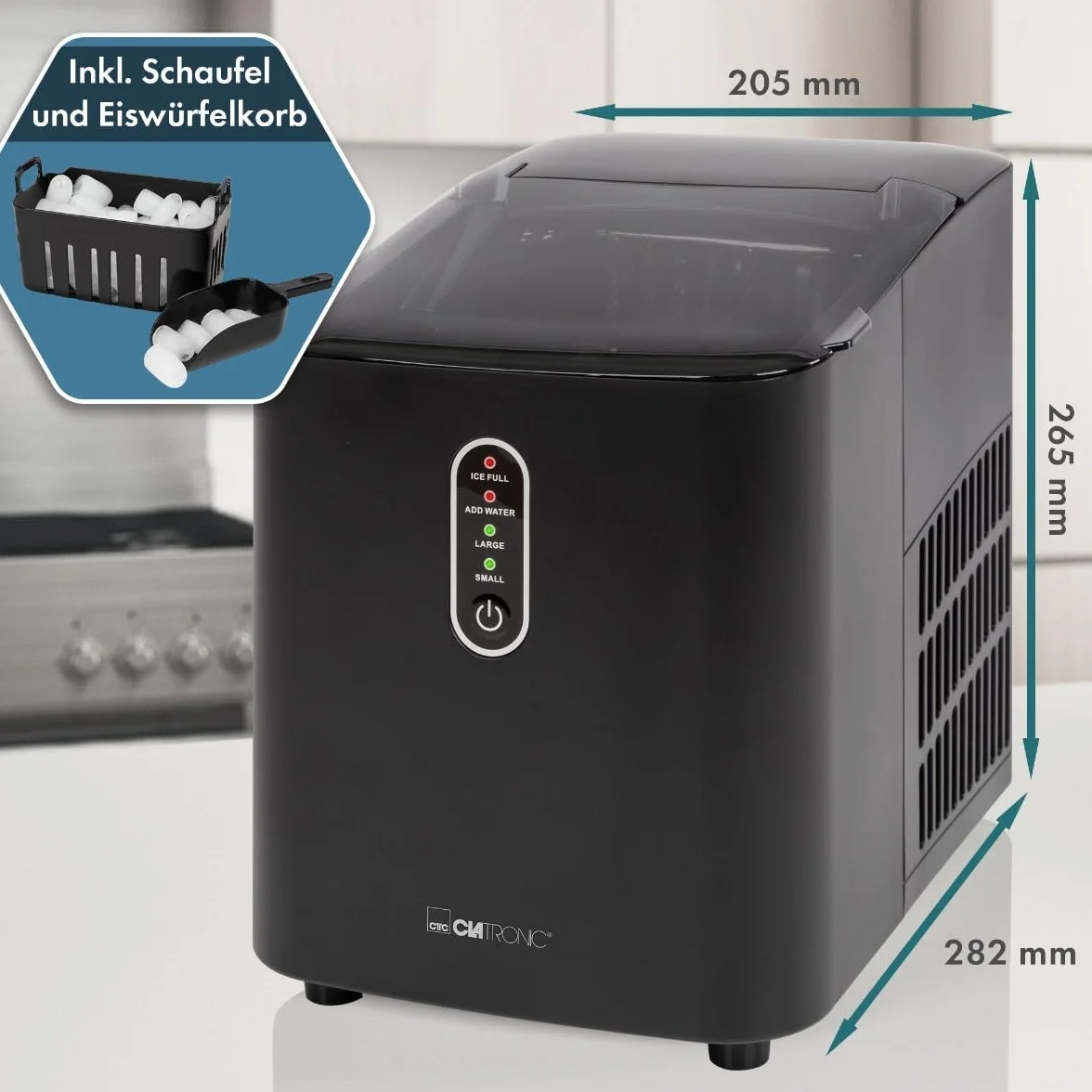 Clatronic® EWB 3798 Ice Cube Machine Fast Production - Ice Cube in 10 Minutes | Up to 10 kg of Ice in 24 Hours | Ice Cube Machine with 2 Ice Cube Sizes and 1.1 L Water Tank | Includes Ice Scoop