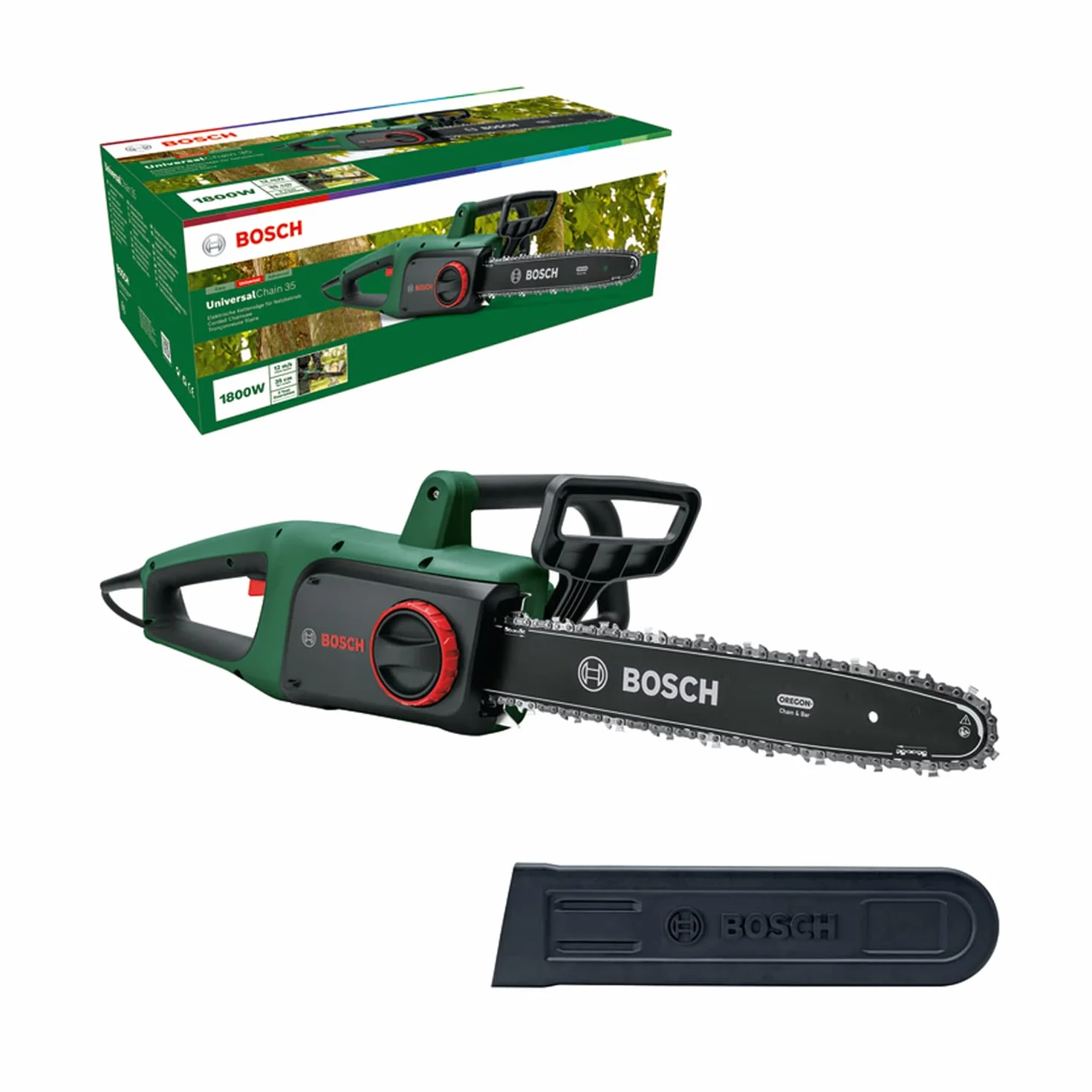 Bosch Home and Garden Piła łańcuchowa UniversalChain 35 (1 800 W, niewielka waga: 4,2 kg, prędkość łańcucha: 12m/s, opakowanie kartonowe), Zielona