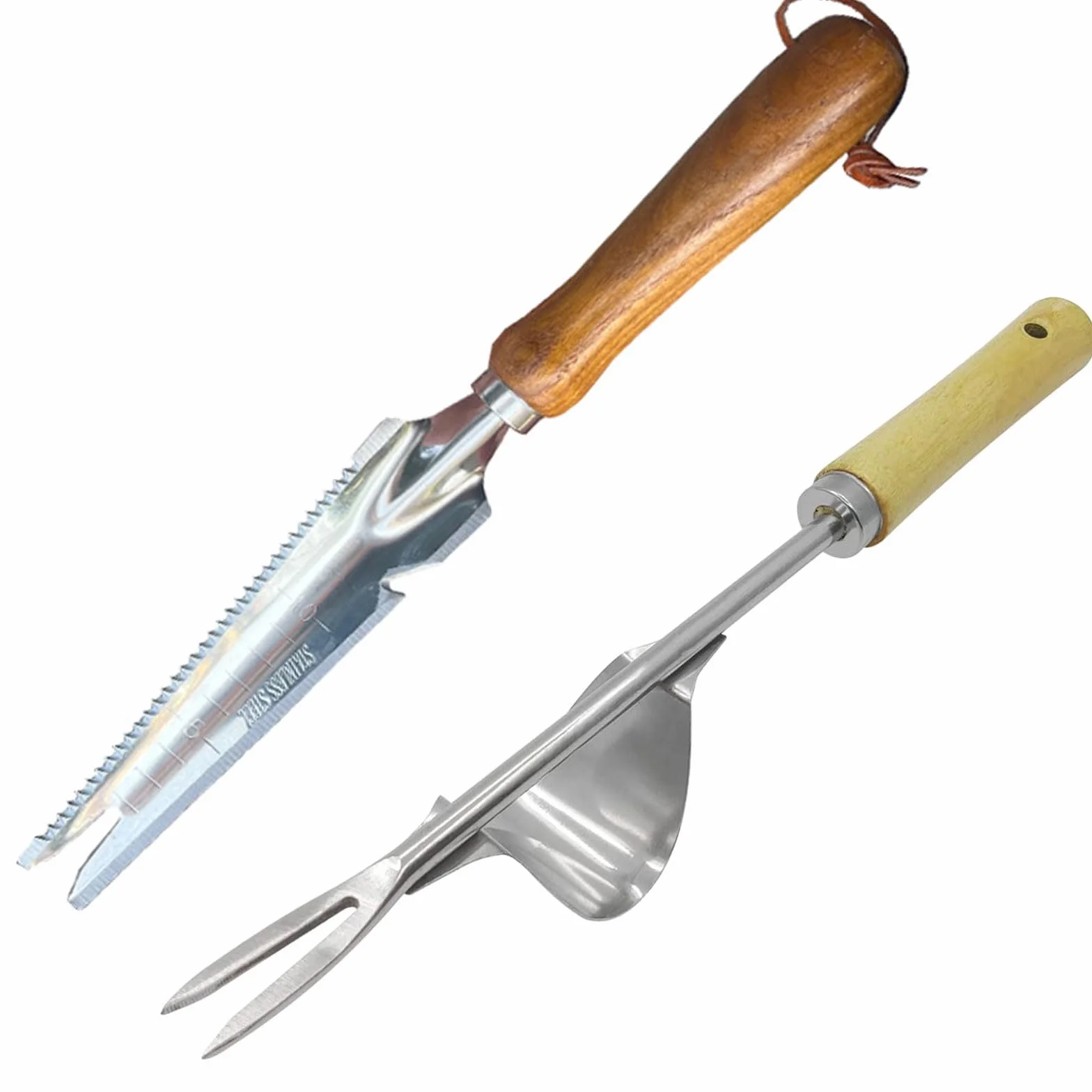 MOGADEE® nożyce do chwastów ze stali nierdzewnej 2 sztuki, z funkcją sadzenia, wielofunkcyjny ręczny chwastownik z drewnianą rączką, urządzenie do usuwania chwastów, do kopania, pielenia