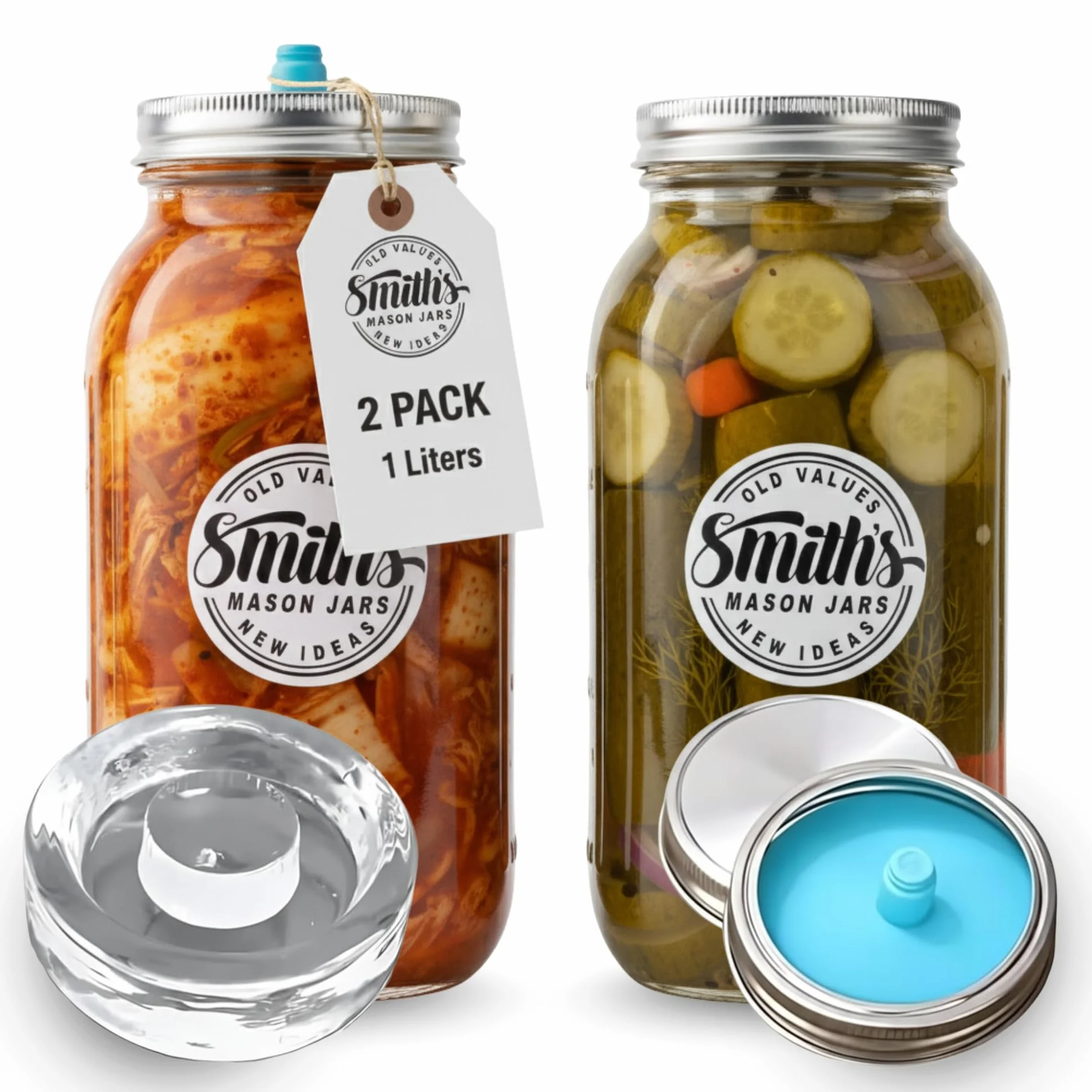Smiths Mason Jars 2-pak fermentacyjnych słoików z przezroczystego szkła o pojemności 1 litra z pokrywkami, obciążnikami i dodatkowymi pokrywkami - idealne do przechowywania owsa, kimchi, pikli