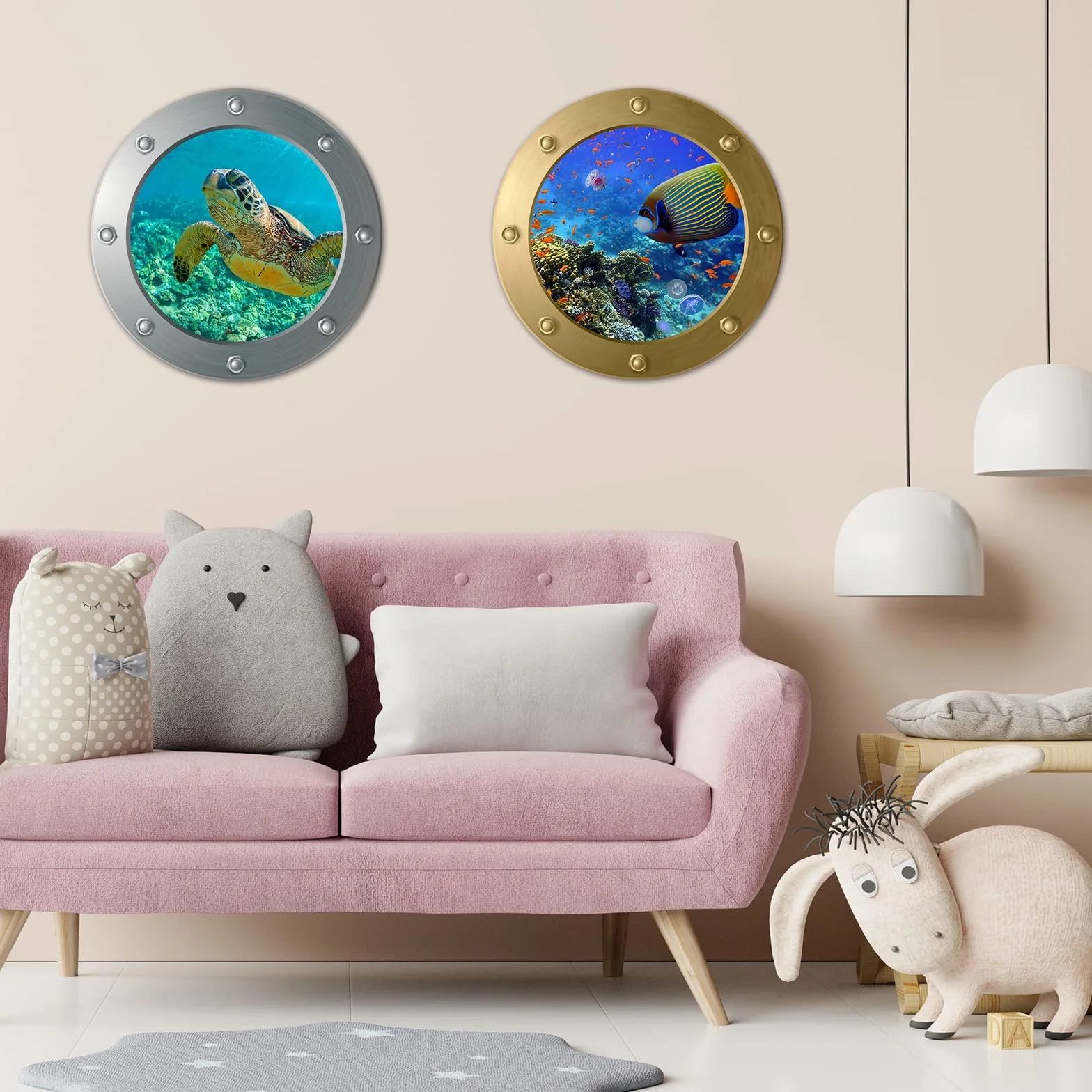 4 sztuki ścienne 3D naklejek podwodny świat, 3D Sea Life, delfin, łódź podwodna, okno, naklejki na płytki, do łazienki, obraz, dekoracja