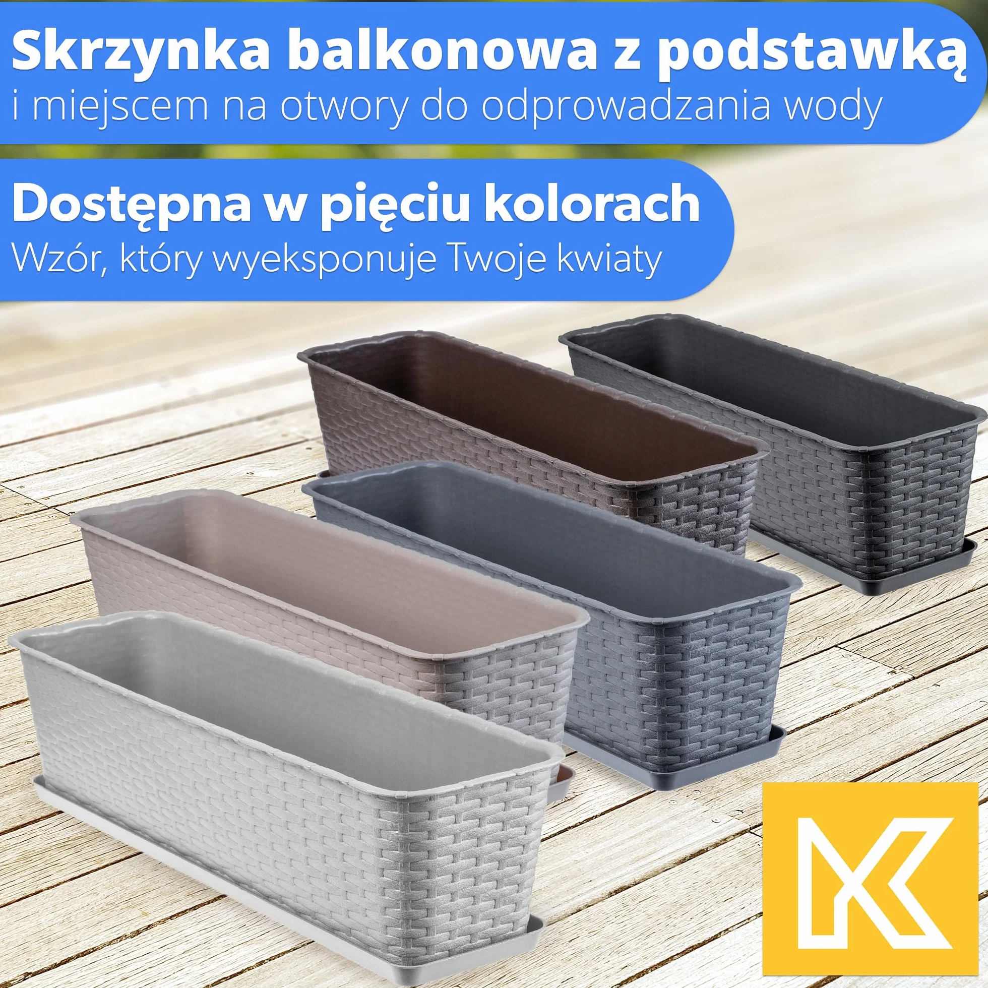 KADAX Skrzynka Balkonowa 60cm, ok. 12L, skrzynka z tworzywa odporna na warunki, Brązowy, prostokątna na Balkon, Taras i do Ogrodu