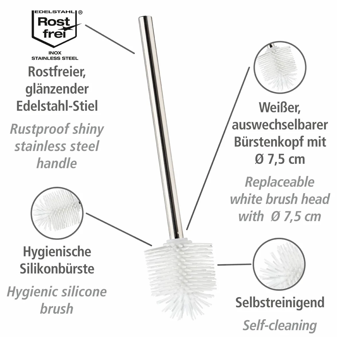 WENKO Silikonowa szczotka zamienna do WC – zamienna szczotka do toalety z efektem nieprzywierającym, stal nierdzewna, 7,5 x 35 x 7,5 cm; Błyszczący/Biały; bez oczyszczacza krawędzi