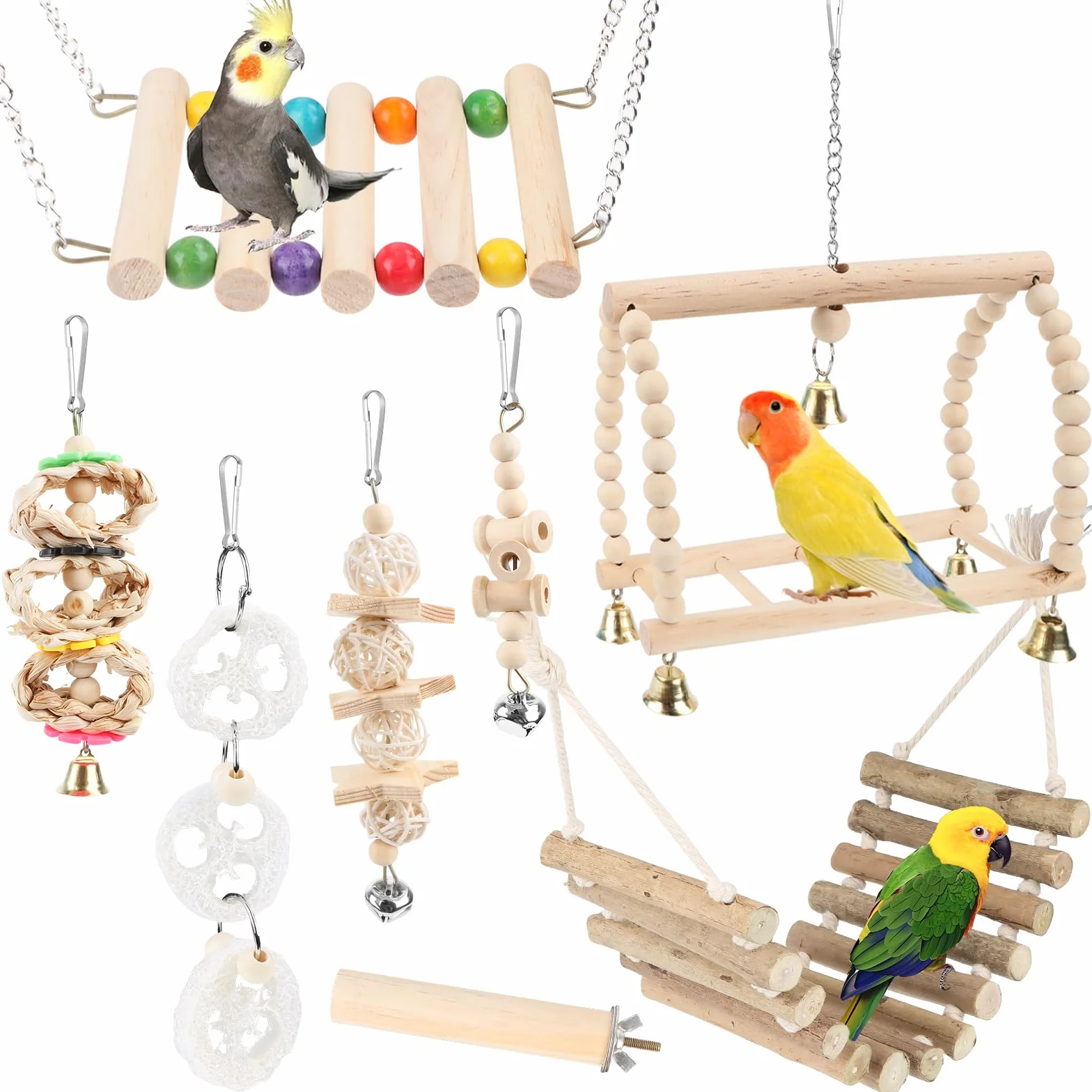 Drewniane zabawki dla papużek falistych, 8 sztuk z naturalnego drewna Lovebird wisząca huśtawka zabawka z dzwoneczkami dla wszystkich papug i ptaków
