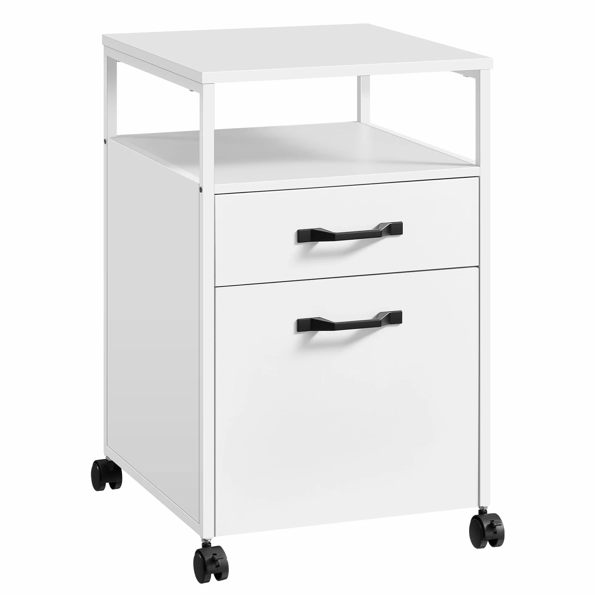 VASAGLE OFC071W14 Kontener na kółkach, szafka na dokumenty z 2 szufladami, mobilna szafka biurowa z kółkami, otwarta półka, teczka do zawieszania, rama stalowa, nowoczesna, biała