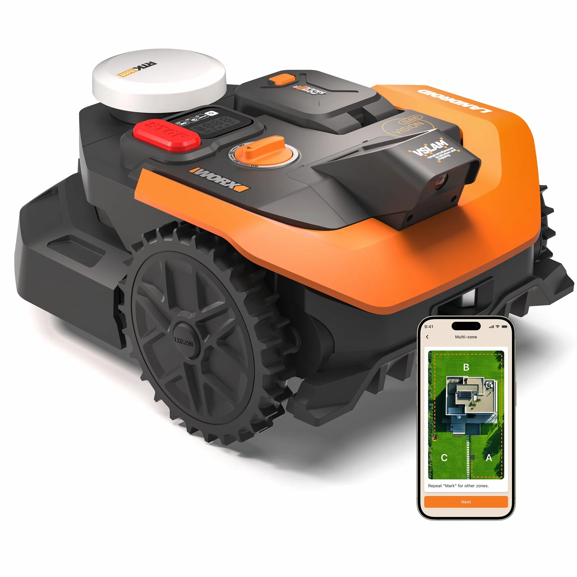 WORX Landroid Vision Cloud WR305E 2WD robot koszący bez kabla ograniczającego do 500 m² (wykrywanie przeszkód AI, nawigacja VSLAM+ RTK Cloud, automatyczne mapowanie, sterowanie za pomocą aplikacji)