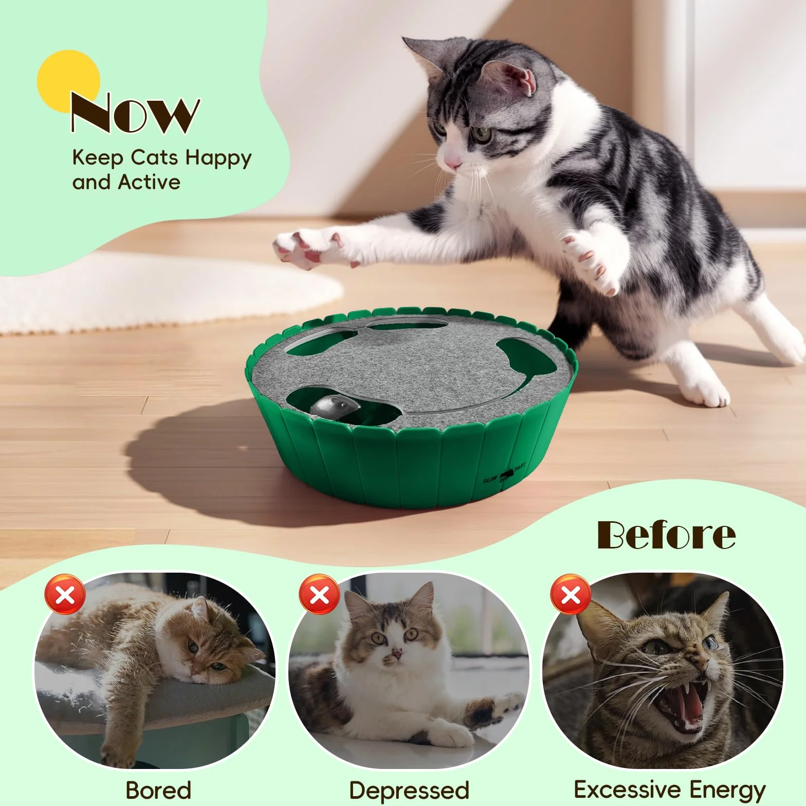 Pawaboo Interactive Cat Toy Running Mouse Electronic Motion Automatic Teaser Indoor Cats Green