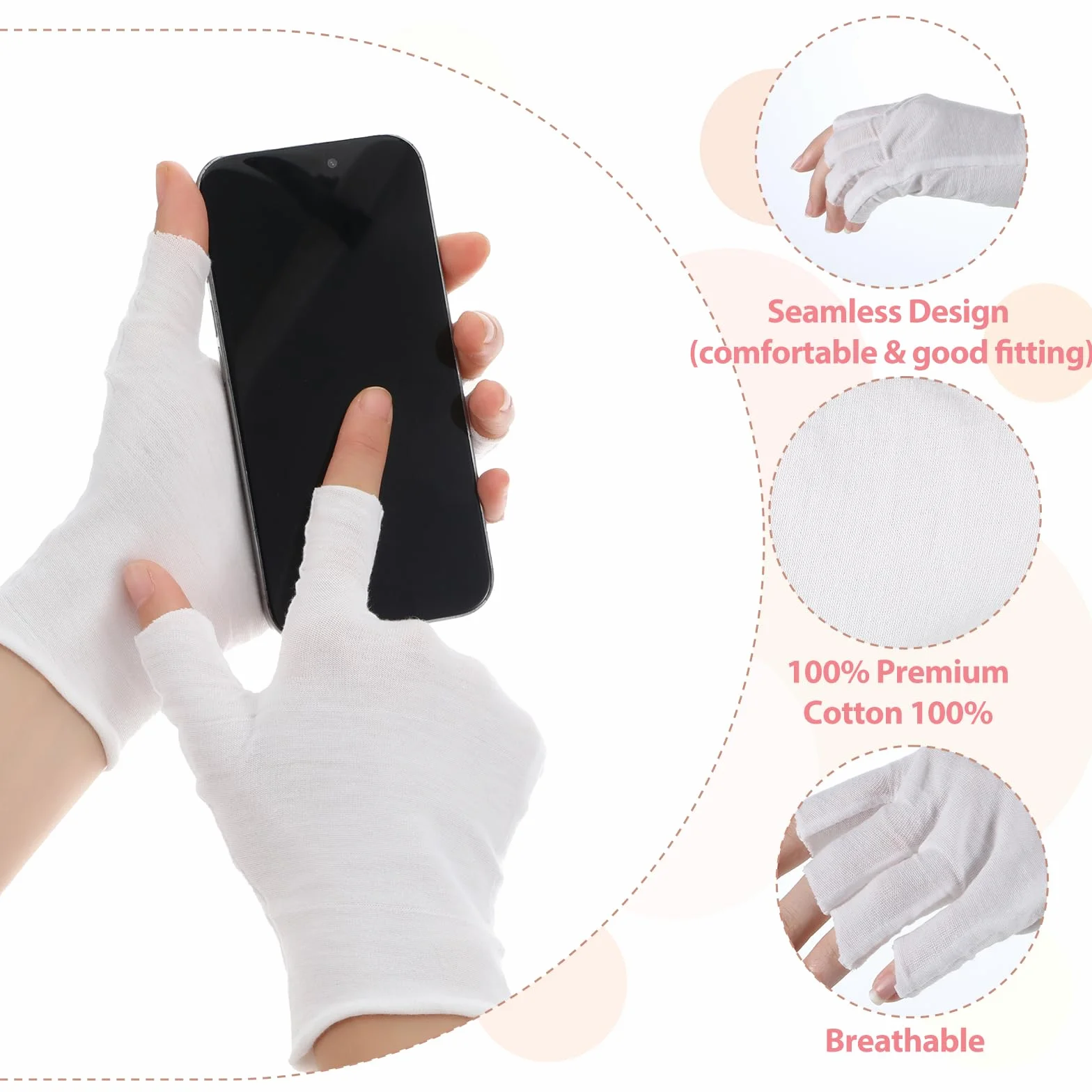 4 pary białych bawełnianych rękawiczek bez palców, rękawicze UV do manicure, rękawiczki bez palców, cienkie rękawiczki przeciwsłoneczne bez palców do suchych rąk, do ekranu dotykovego, do