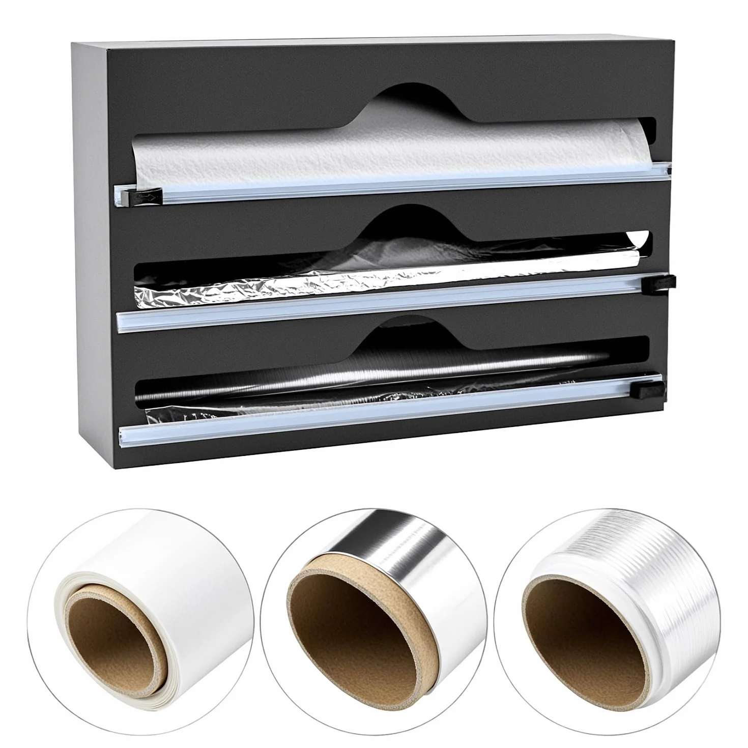 QWORK® Dozownik folii kuchennej 3 w 1 Obcinacz folii do folii spożywczej Papier do pieczenia, kompatybilny z rolkami 31 cm, montaż na ścianie lub postawienie na blacie