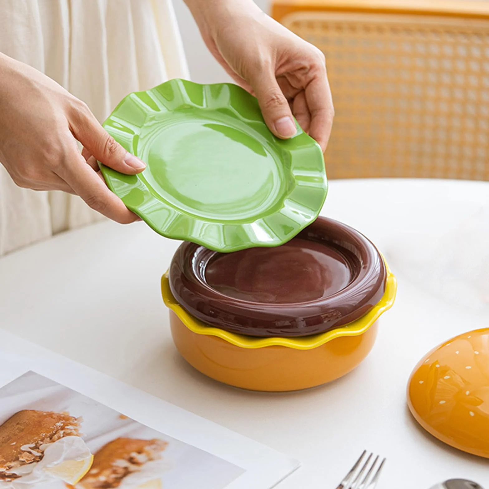 Generisch Zestaw talerzy do burgerów – naczynia ceramiczne nadają się do kuchenki mikrofalowej, zestaw talerzy w kształcie hamburgera, do domu, restauracji, na kemping, piknik, imprezę, święta