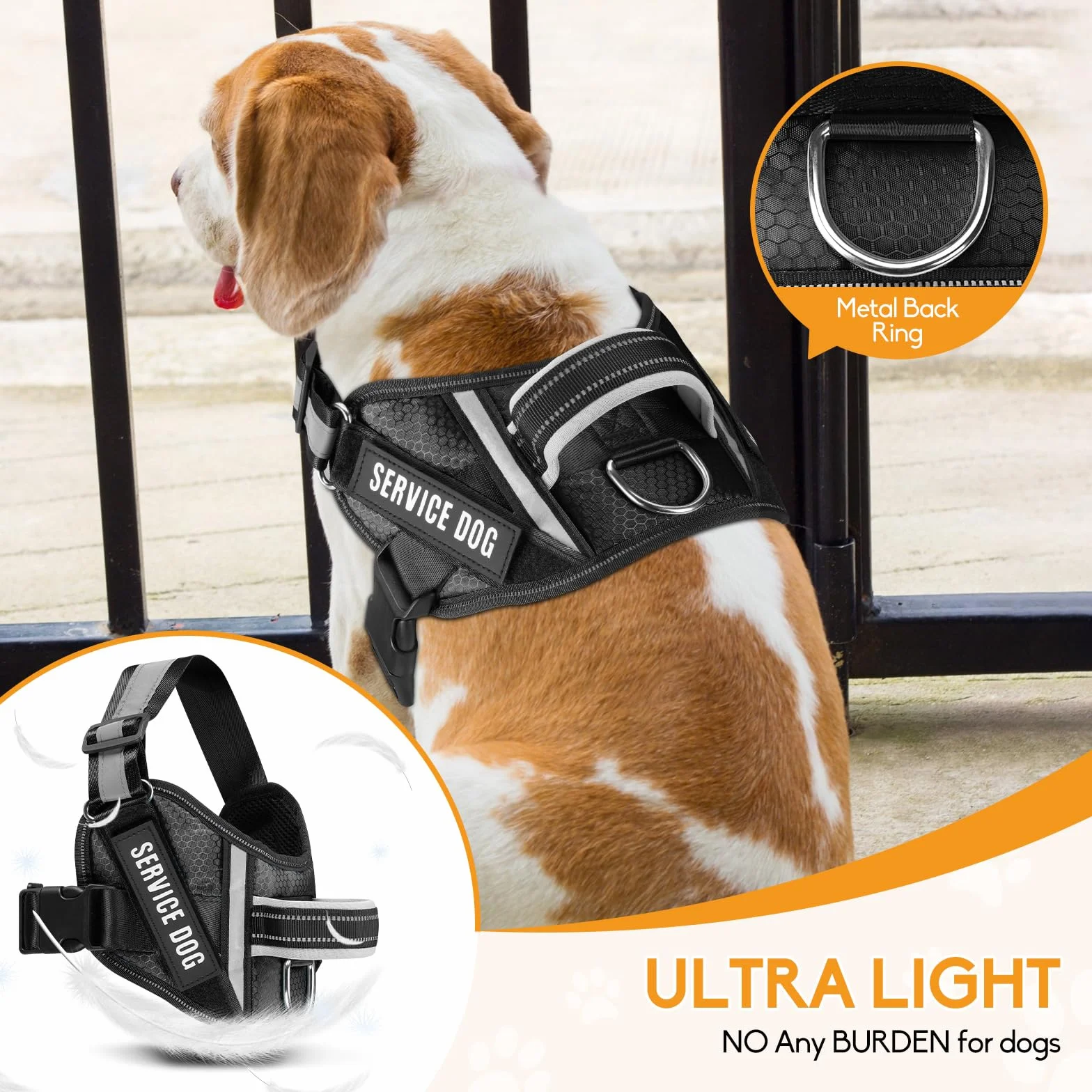 Animire Service Dog Vest Harness and Leash Set with 10 Patches, Reflective Leash Padded Handle for Dogs (Black, M)