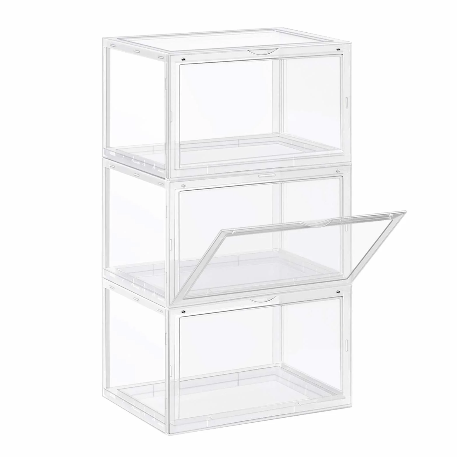 SONGMICS pudełka na buty, 3 organizery na buty z przezroczystymi drzwiami, plastikowe pojemniki na buty do rozmiaru 46, 36 x 28 x 22 cm, przezroczyste, LSP03CW