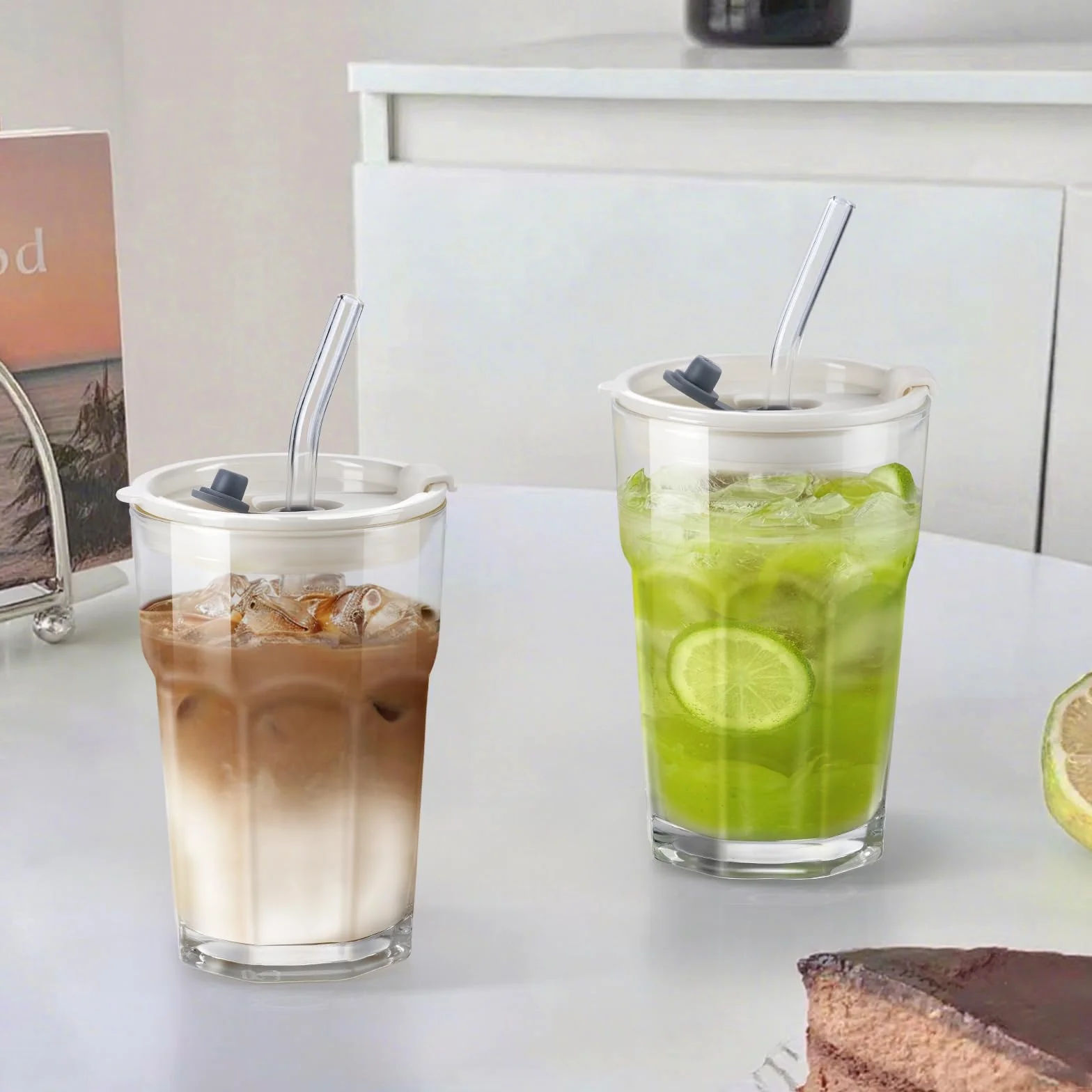 ecooe 430 ml żebrowane szklane kubki z pokrywką i słomką, 2 sztuki, szklane kubki do smoothie, mrożonej kawy, hermetyczne, wodoodporne szklanki do kawy, szklanki do picia soku matcha latte, mleka