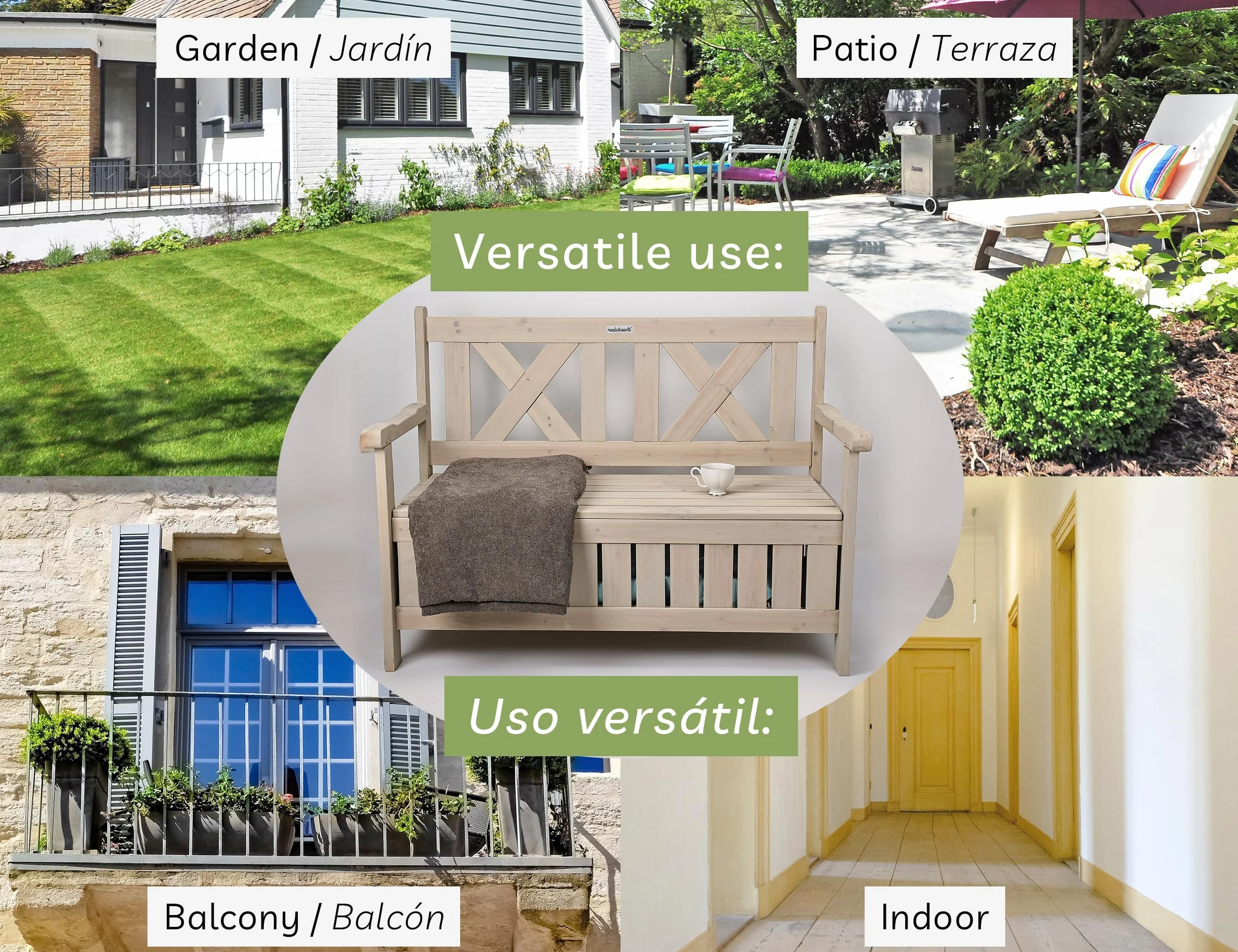 needs&wants® Ławka ogrodowa, drewniana, odporna na warunki atmosferyczne, z miejscem do przechowywania i pokrowcem, 2-osobowa ławka drewniana, klasyczna, ławka parkowa, ławka do siedzenia z litego