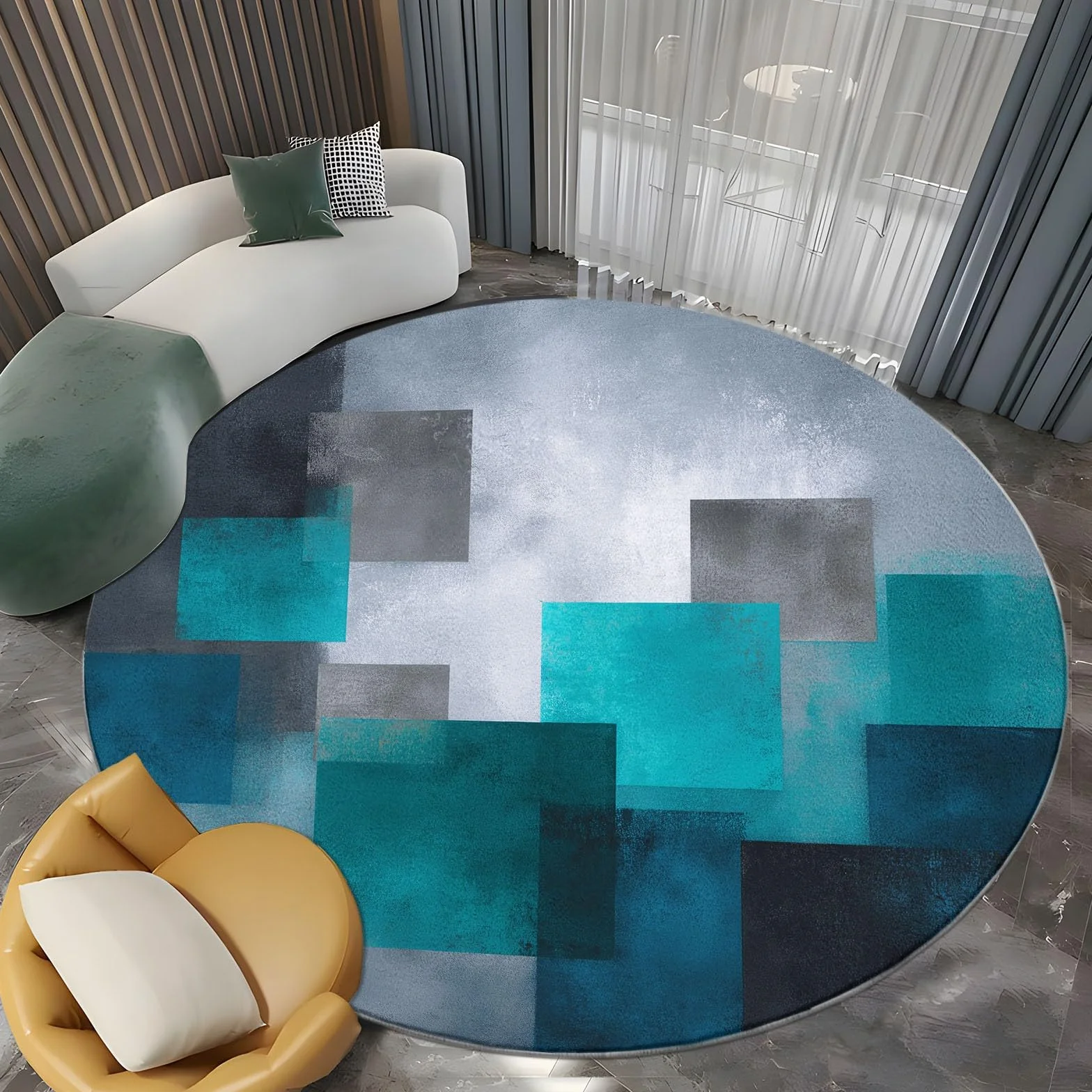 Okrągły dywan do salonu nadający się do prania 150 cm sztuka abstrakcyjna, dywan do sypialni geometria retro miękkie klocki - sypialnia krótkie włosie salon sypialnia jadalnia lub akademik rodzinny