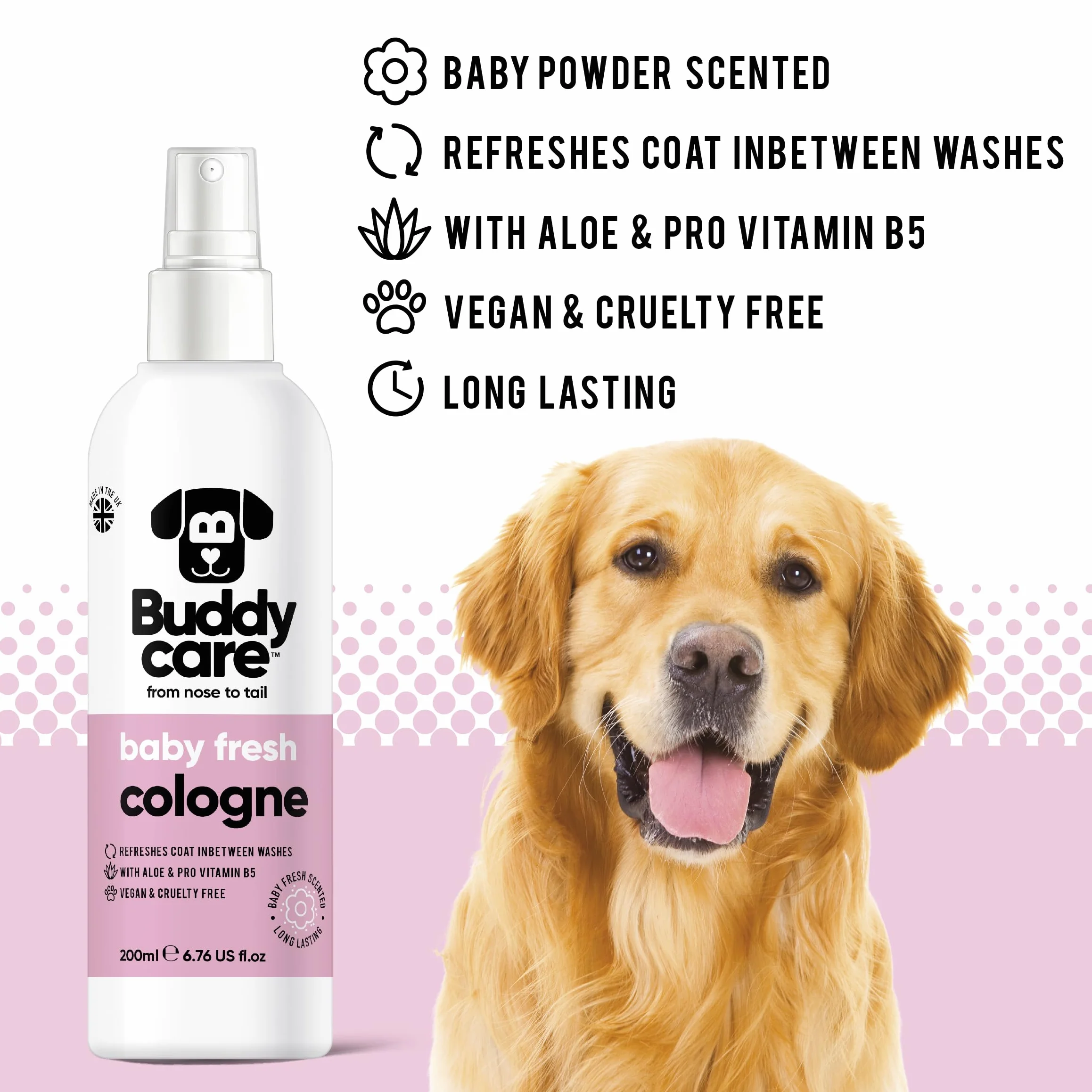 Buddycare perfumy dla psów – pachnące świeżo dla niemowląt – delikatne i pudrowe pachnące psy kolońskie – odświeżone pomiędzy myciami psa (200 ml, 1 sztuka)