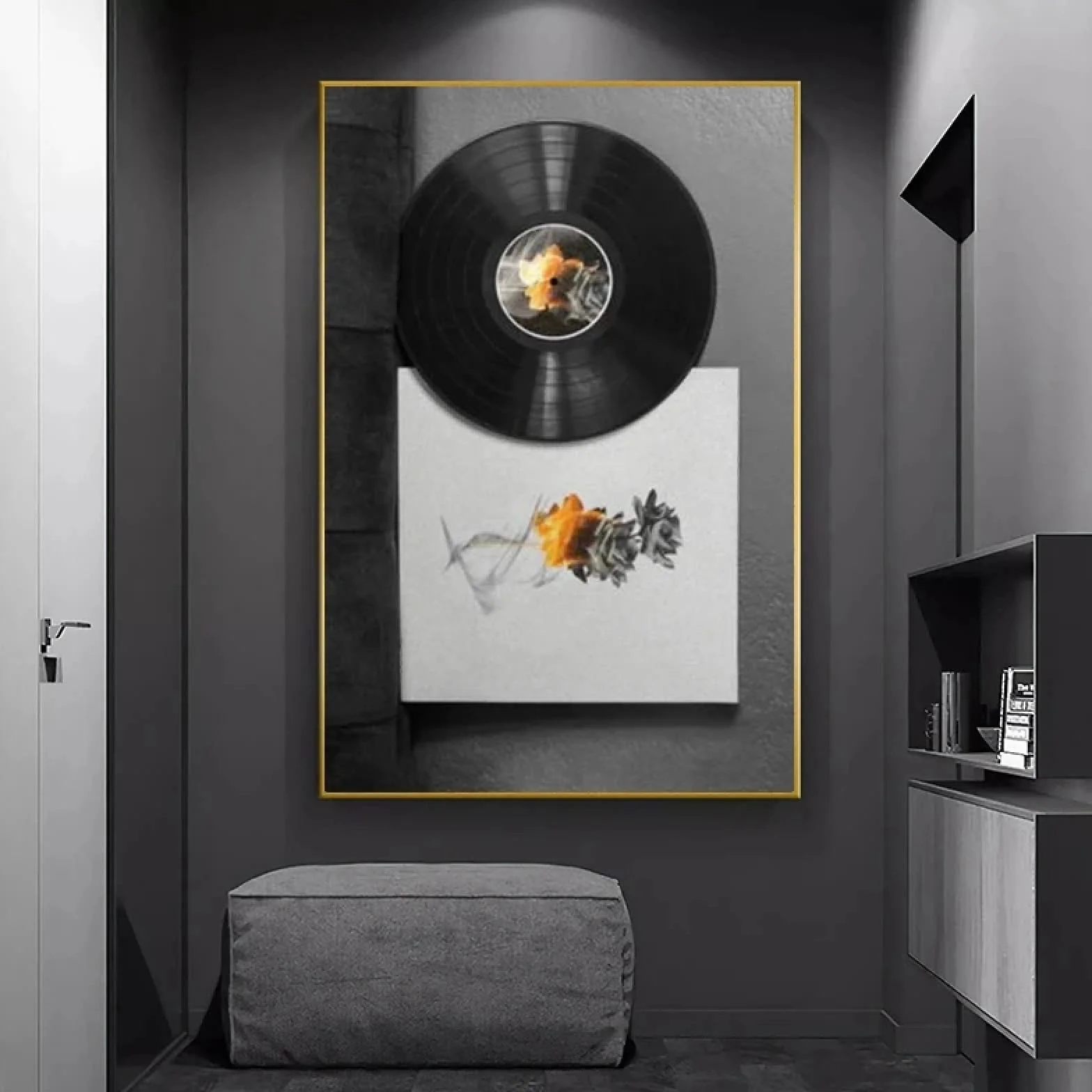 CHAOJIART Plakat z płytą winylową w stylu retro, abstrakcyjna płonąca róża, druk na płótnie, sztuka ścienna, obraz do salonu, dekoracja domu w stylu vintage, 80 x 120 cm, rama wewnętrzna