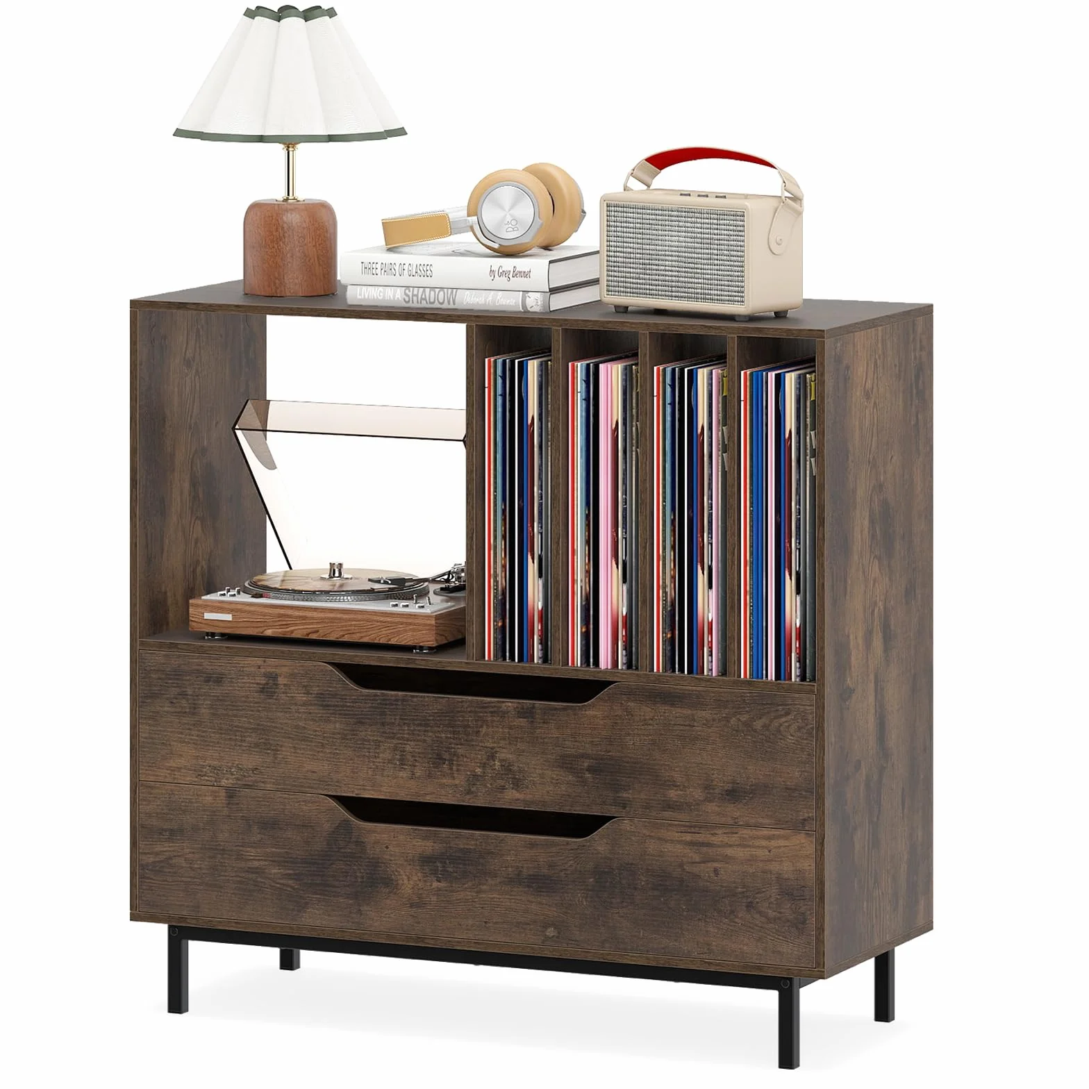 COSTWAY Stojak na Gramofon w Stylu Retro, Szafka na Płyty Winylowe z Otwartą Półką, 4 Przegrody na Winyle i 2 Szuflady, Stół Muzyczny do Salonu i Sypialni, Brązowy