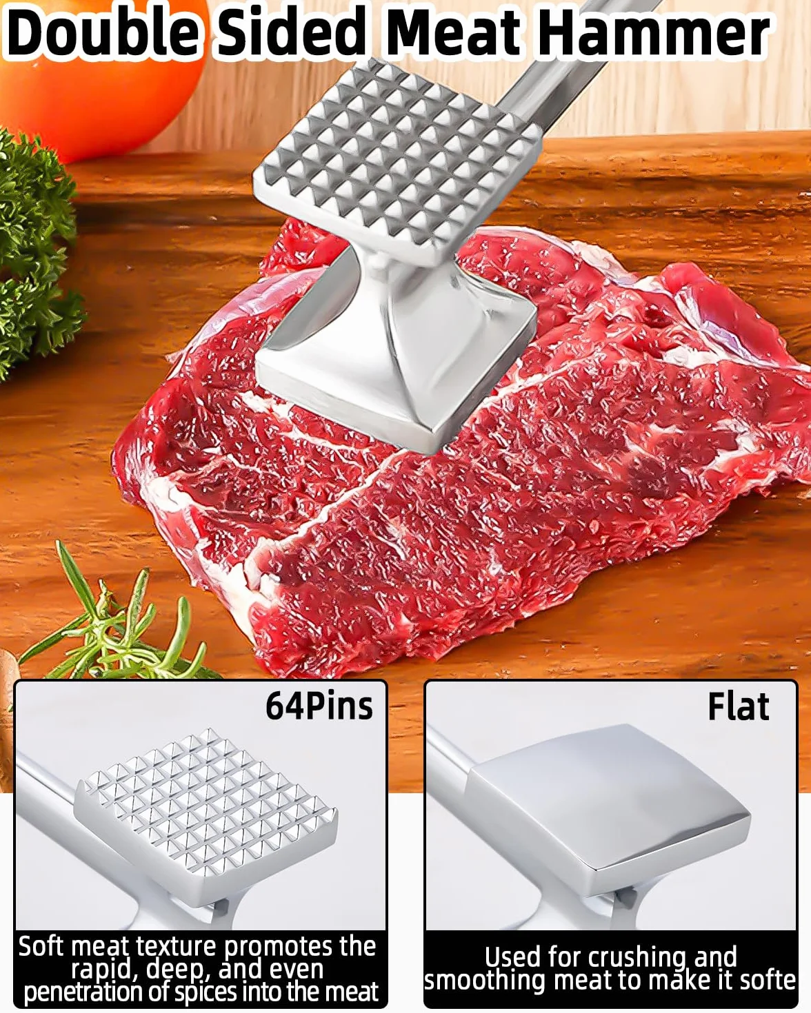 Młotek do mięsa Tłuczek do mięsa ze stali nierdzewnej 27 cm Dwustronny Tłuczek do mięsa z powłoką przeciw przywierania Młotek do mięsa do stek, kotletów, żeber wieprzowych, kurczaka