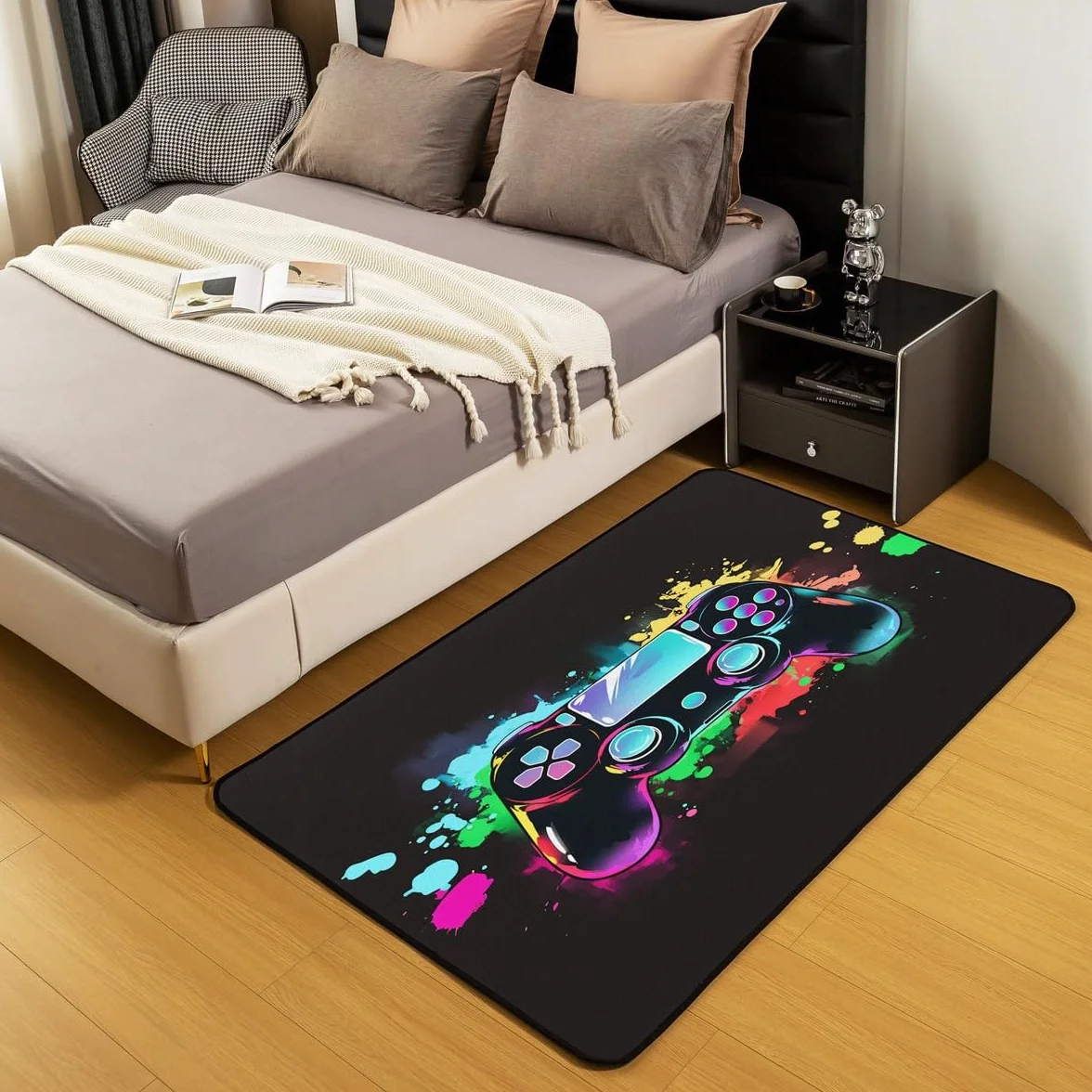 Loussiesd Dywan do salonu dla graczy, 100 x 150 cm, gamingowy dywan akcentujący dla chłopców, dziewcząt, nastolatków, nowoczesny kontroler konsoli do gier, wewnętrzna mata podłogowa, joystick, węgiel,