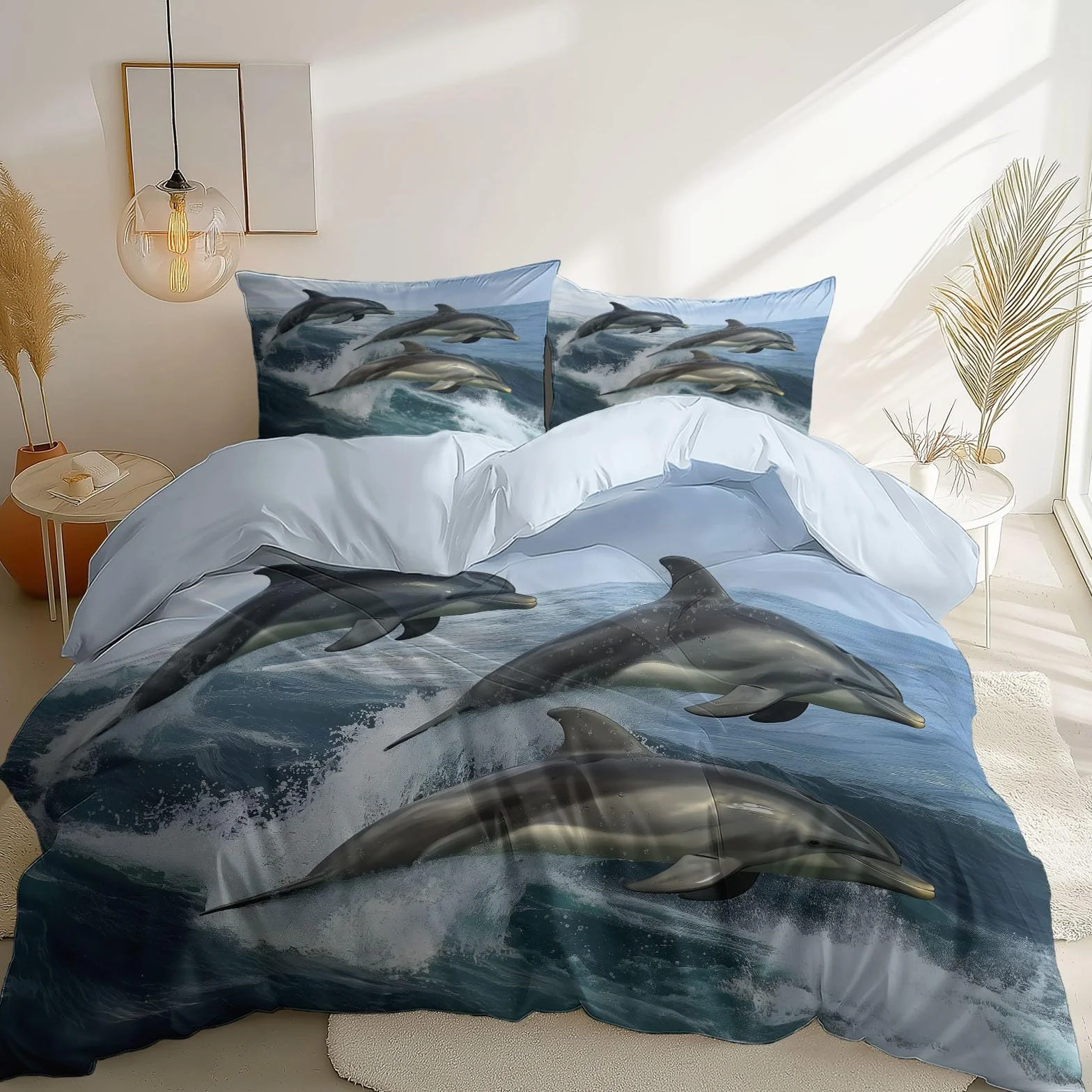 Poszwa na kołdrę ze zwierzęciem Delfin Elegancki nadruk z nadrukiem, jasnoniebieski zestaw pościeli z mikrofibry z 2 poszewkami na poduszki, poszwa na kołdrę 240x260 cm dla dzieci młodzież i dorośli