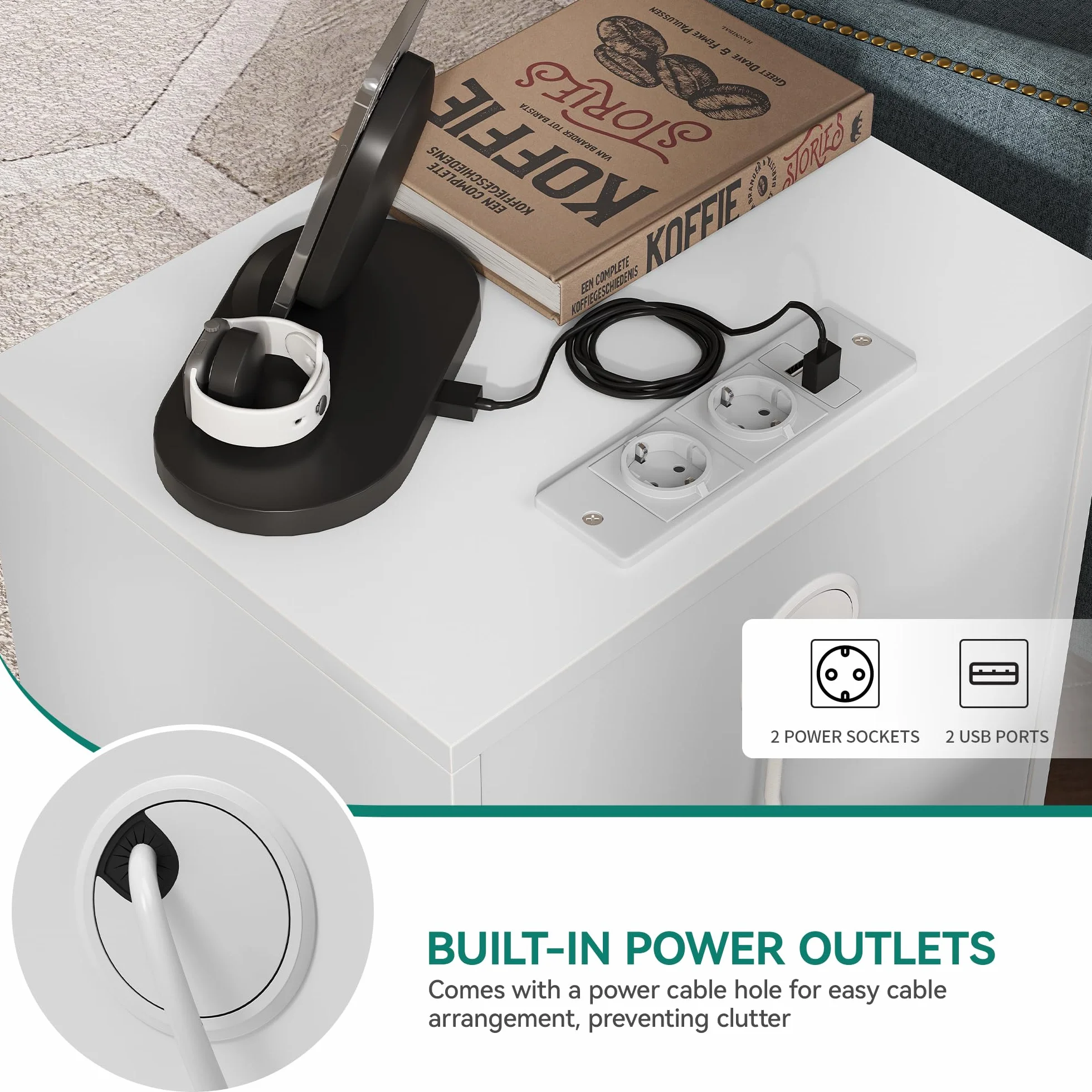 YITAHOME Stolik nocny z 2 szufladami, 2 portami USB i gniazdkami, komoda nocna ze złotymi metalowymi nogami i uchwytami, stolik pomocniczy z miejscem do przechowywania do salonu, sypialni, 40 x 30 x