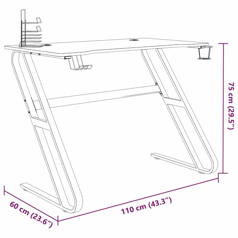 Biurko gamingowe ze stelażem ZZ, czarne, materiał drewnopochodny i żelazo, 110 x 60 x 75 cm, z półką na słuchawki i kontroler, uchwyt na kubek, stabilny stolik pod komputer do domowego biura