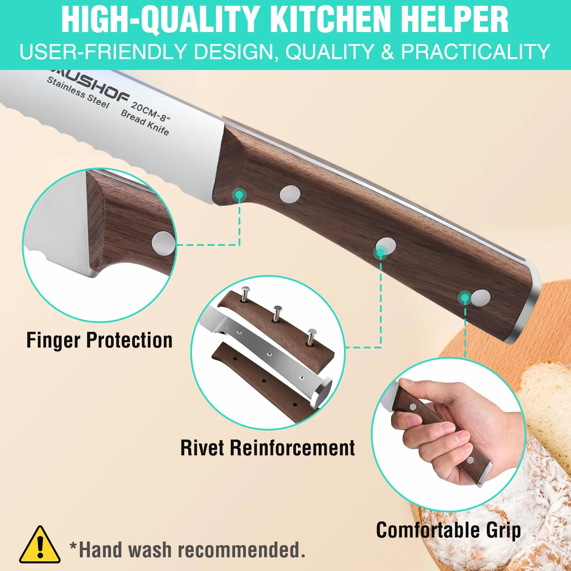 HAUSHOF Nóż do chleba, 20 cm, ząbkowany nóż kuchenny ze stali nierdzewnej o wysokiej zawartości węgla, ergonomicznie zaprojektowany drewniany uchwyt, idealny do krojenia chleba, bajgli, ciast