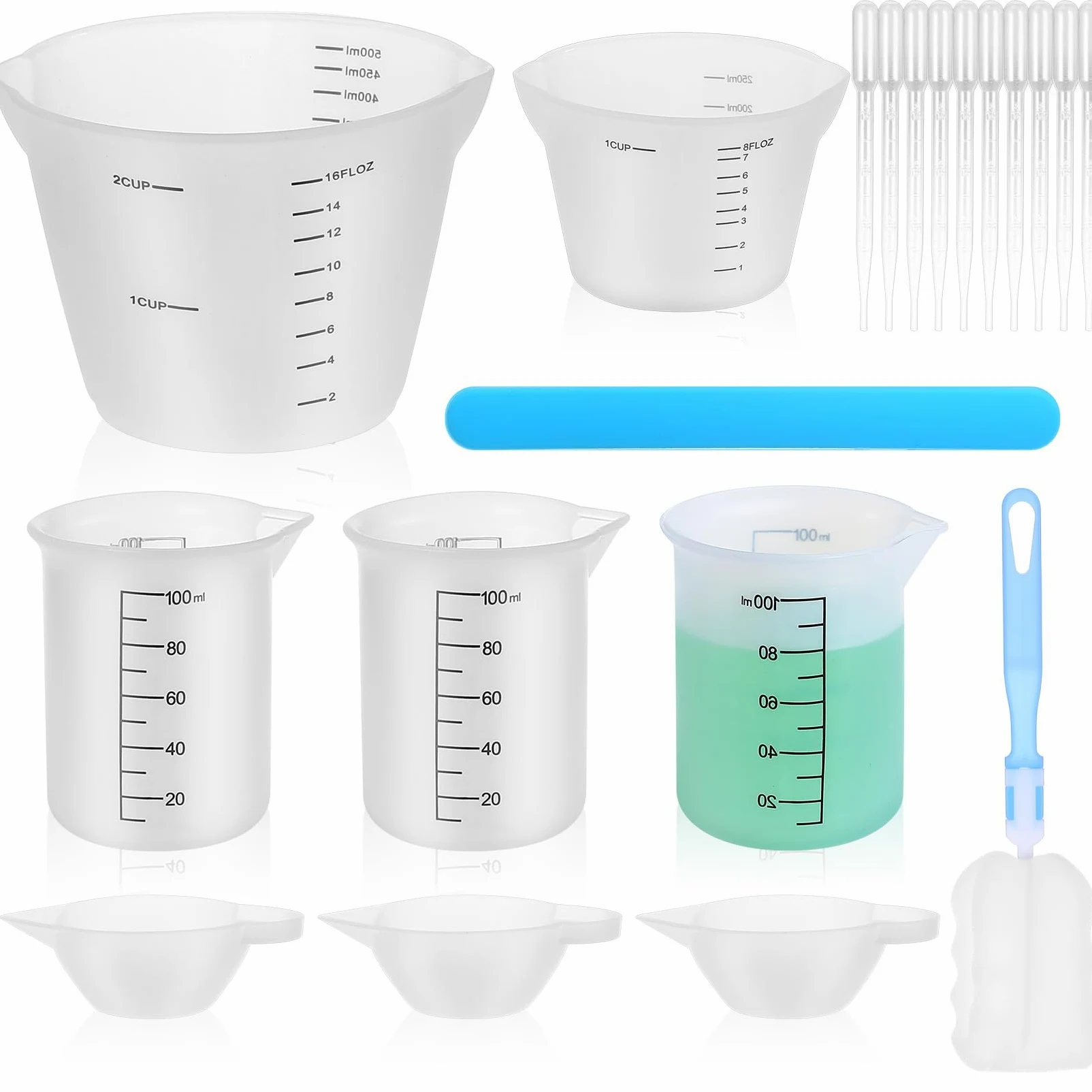 7 silikonowych kubków miarowych do wylewania, 100 ml 250 ml 500 ml, zestaw kubków silikonowych do żywicy epoksydowej, DIY, laboratorium, kuchni, w tym 3 miarki i akcesoria