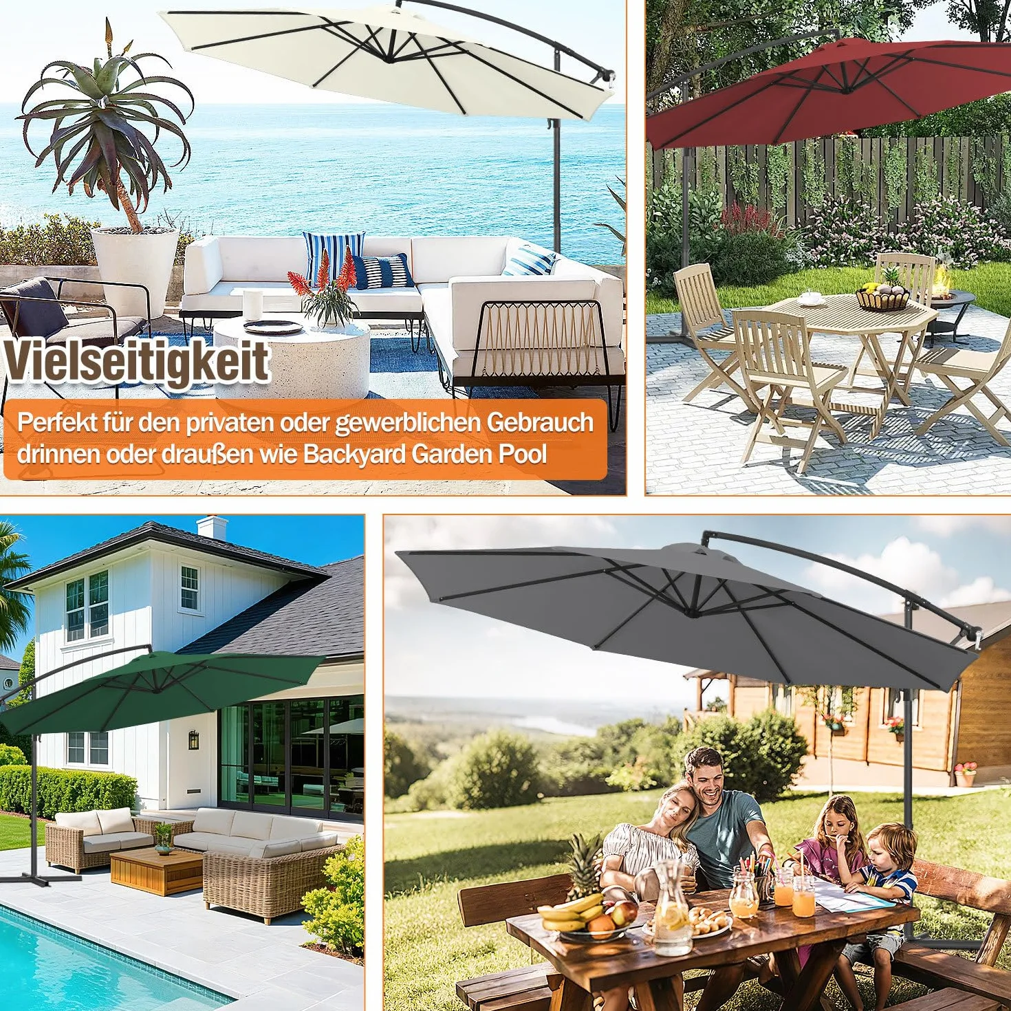 Parasol przeciwsłoneczny 350 cm, ze stojakiem i korbą, parasol ogrodowy, ochrona przed promieniowaniem UV, 8 stalowych wsporników, regulowany kąt nachylenia i wysokość, do basenów, balkonów i