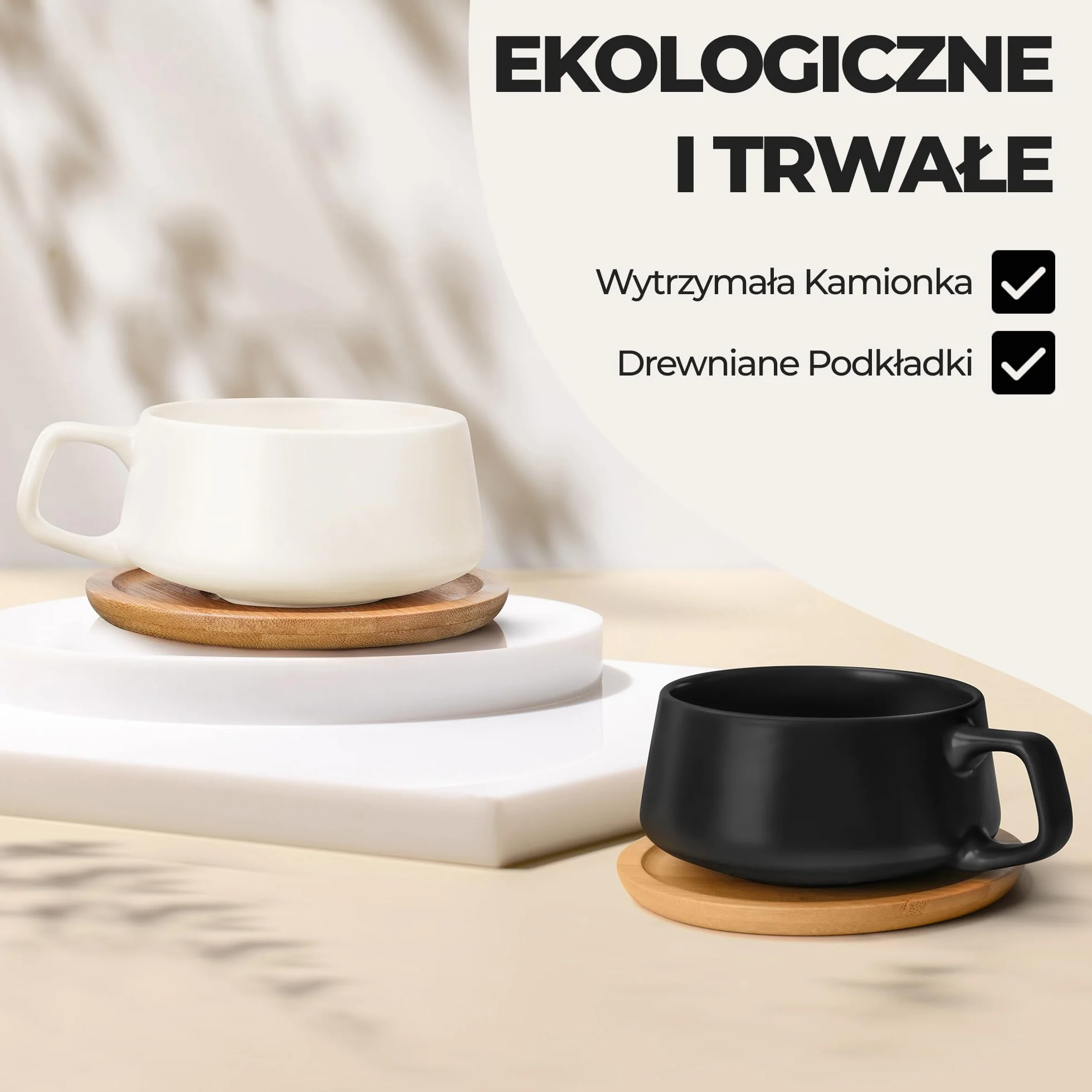 MIAMIO 320 ml, Zestaw 4 Ceramicznych Filiżanek do Herbaty i Spodków Bambusowych - Szeroki Kubek do Cappuccino, Kawy, Latte, Espresso