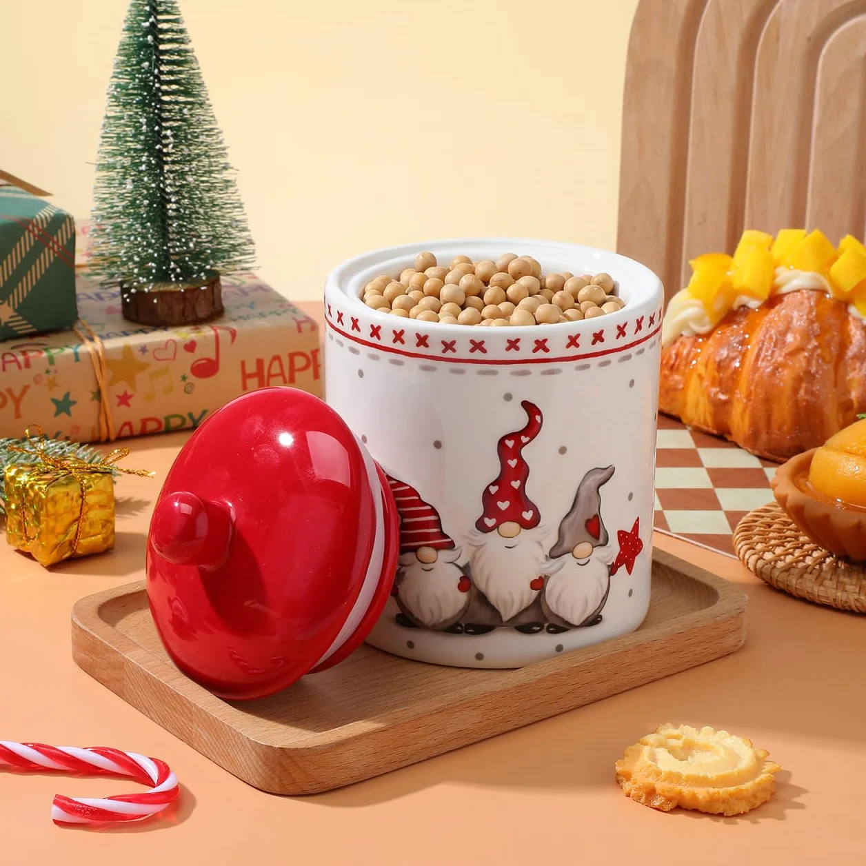 Housoutil Puszka na ciasteczka ceramiczna na Boże Narodzenie, Puszka na ciasteczka na Boże Narodzenie ceramiczna z pokrywką, hermetyczna do przekąsek z płatkami śniadaniowymi i suszonymi owocami