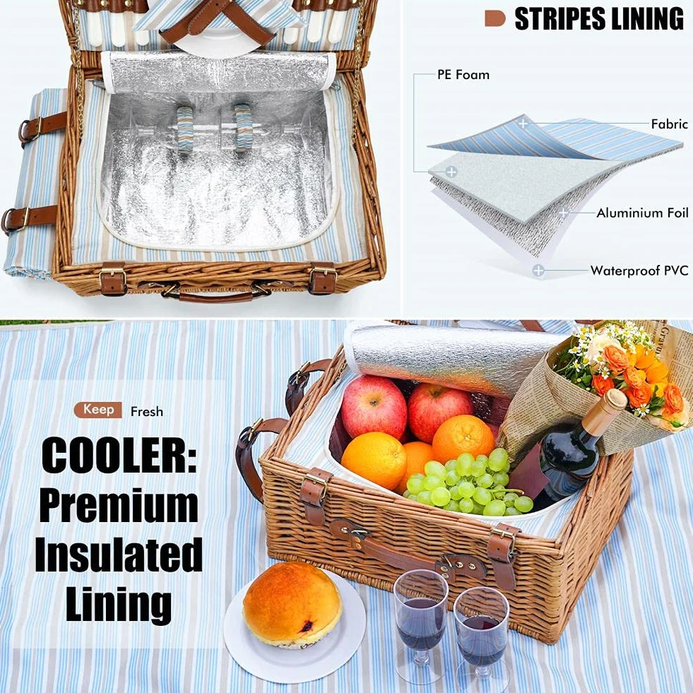 HappyPicnic Wiklinowy kosz piknikowy dla 4 osób, Willow Storage Hamper, zestaw upominkowy na kemping i imprezę na świeżym powietrzu (rozmiar M dla 2 osób)