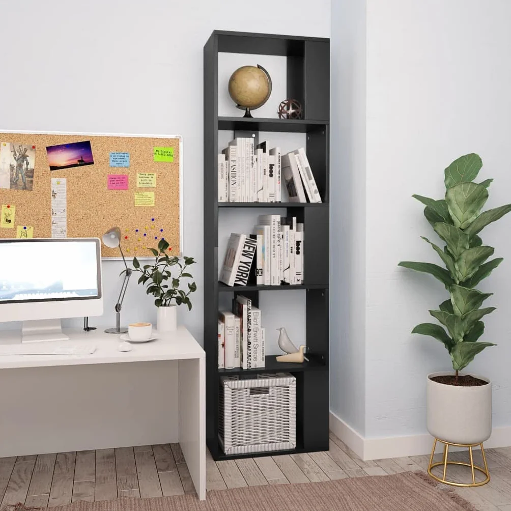 Générique Biblioteka 5 przegródek czarne drewno Ingenierie | Półka na książki czasopisma, meble do przechowywania, łatwe do wyschnięcia na mokro, oddzielny korytarz
