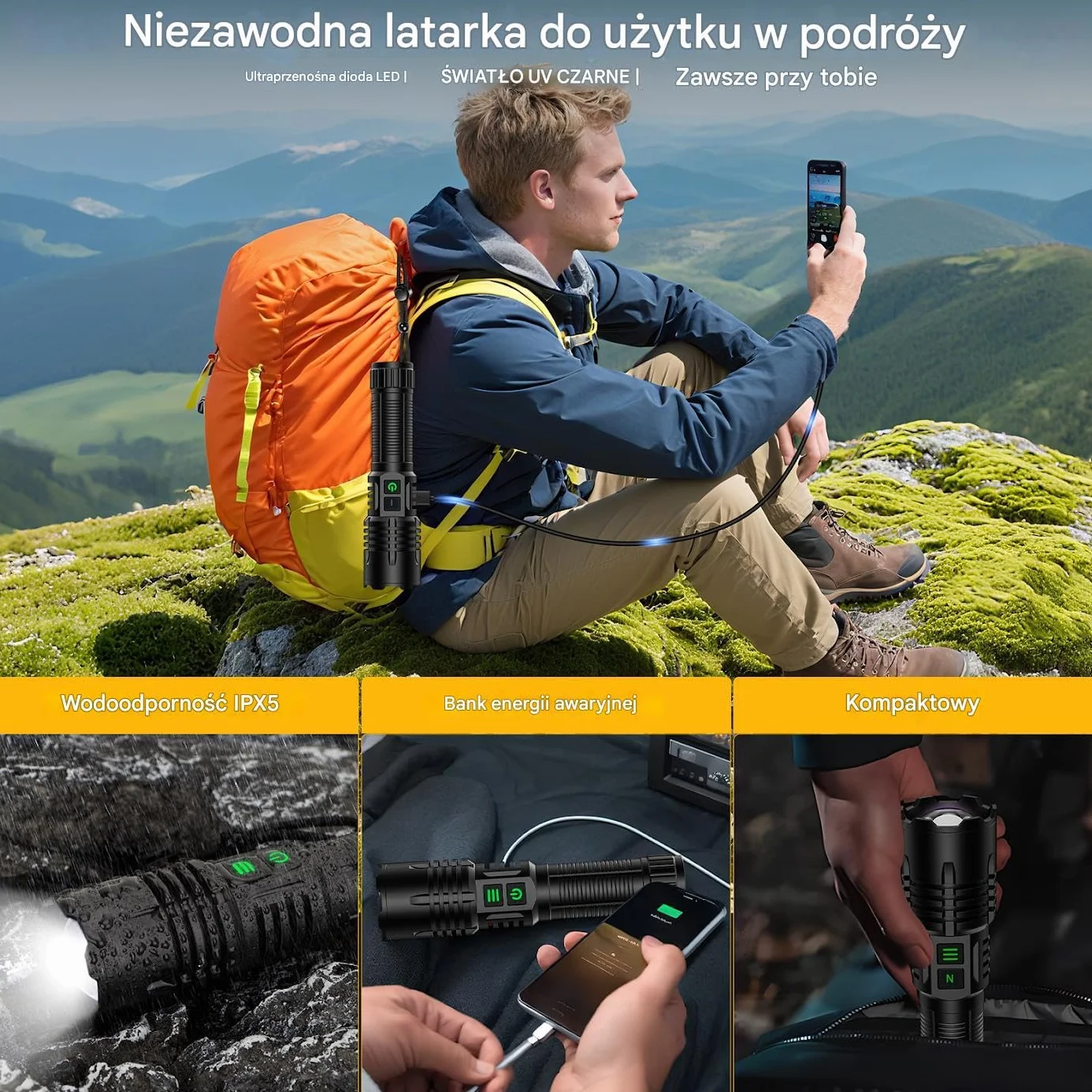 Latarka LED z UV 395nm 2w1, Doładowywana, Ekstremalnie Jasna, Długa żywotność baterii, wodoodporna, z zoomem, 6 trybów światła ultrafioletowego/czarnego do outdooru, wykrywania moczu zwierząt