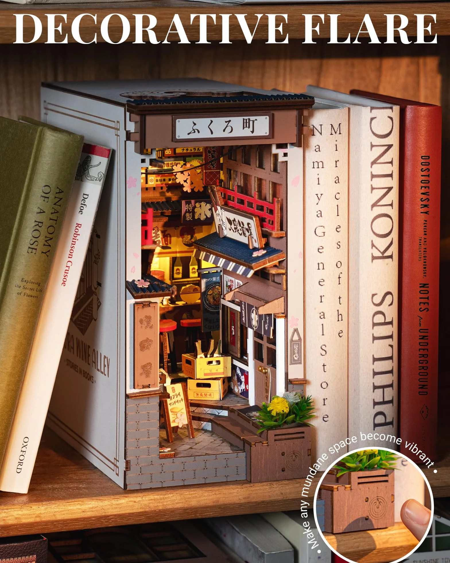 ROBOTIME Zestawy do zakamarków dla dorosłych Sakura Wine Alley, DIY Booknook ze światłami, zestaw do samodzielnego wykonania miniaturowy domek dla lalek, drewniane puzzle, podpórka na książki